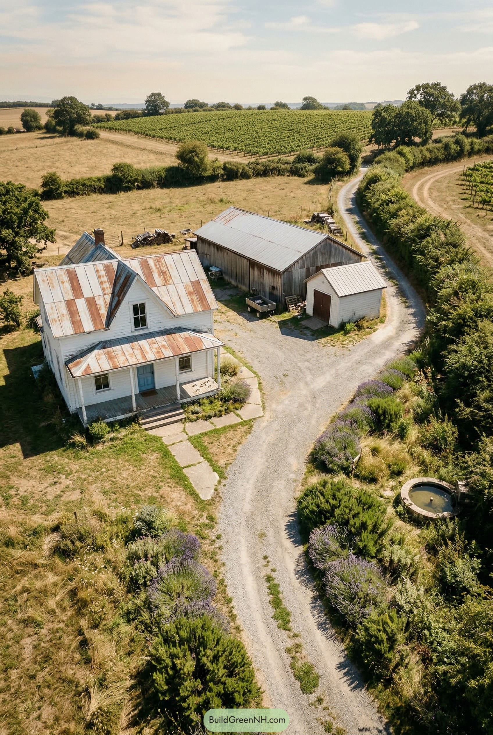 White farmhouse barn and winding gravel lane
