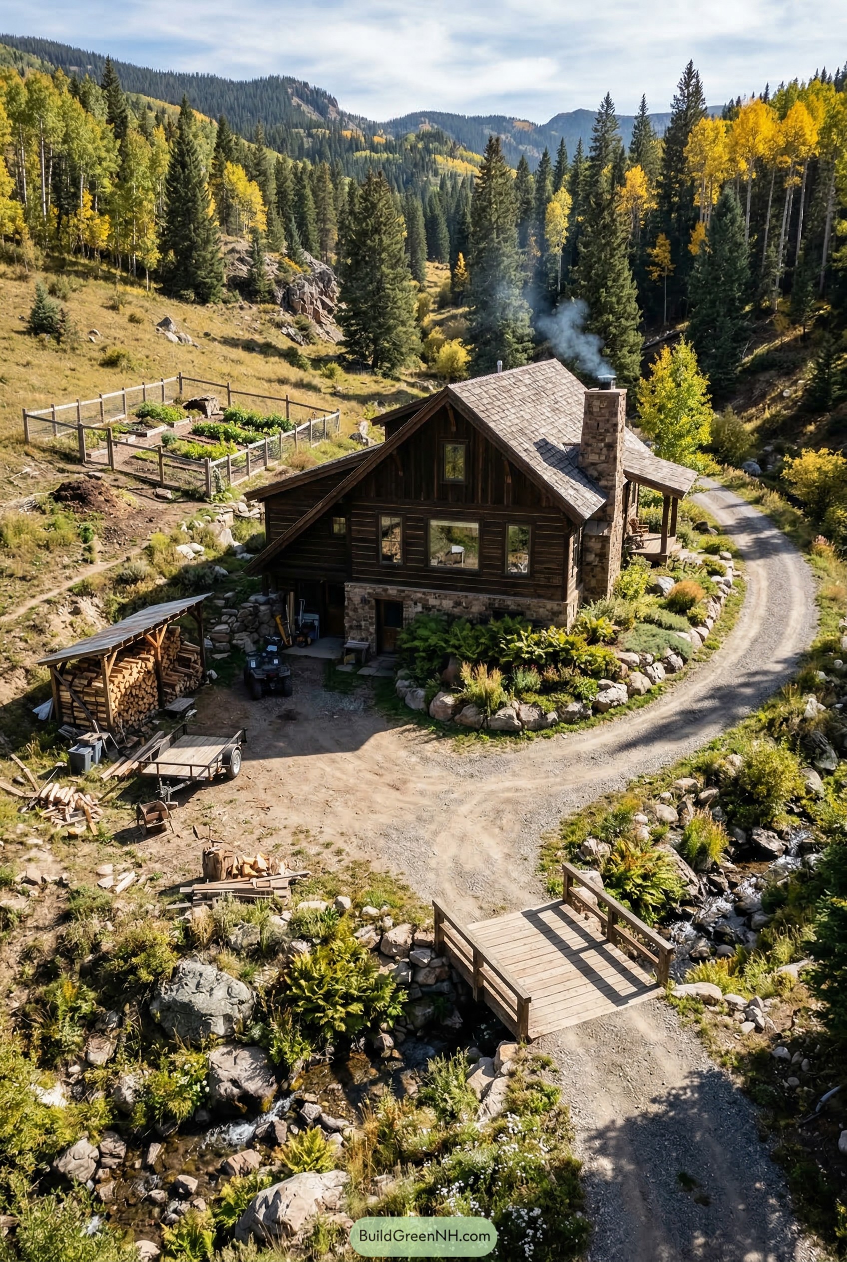 Mountain farmhouse with creek bridge and fenced garden