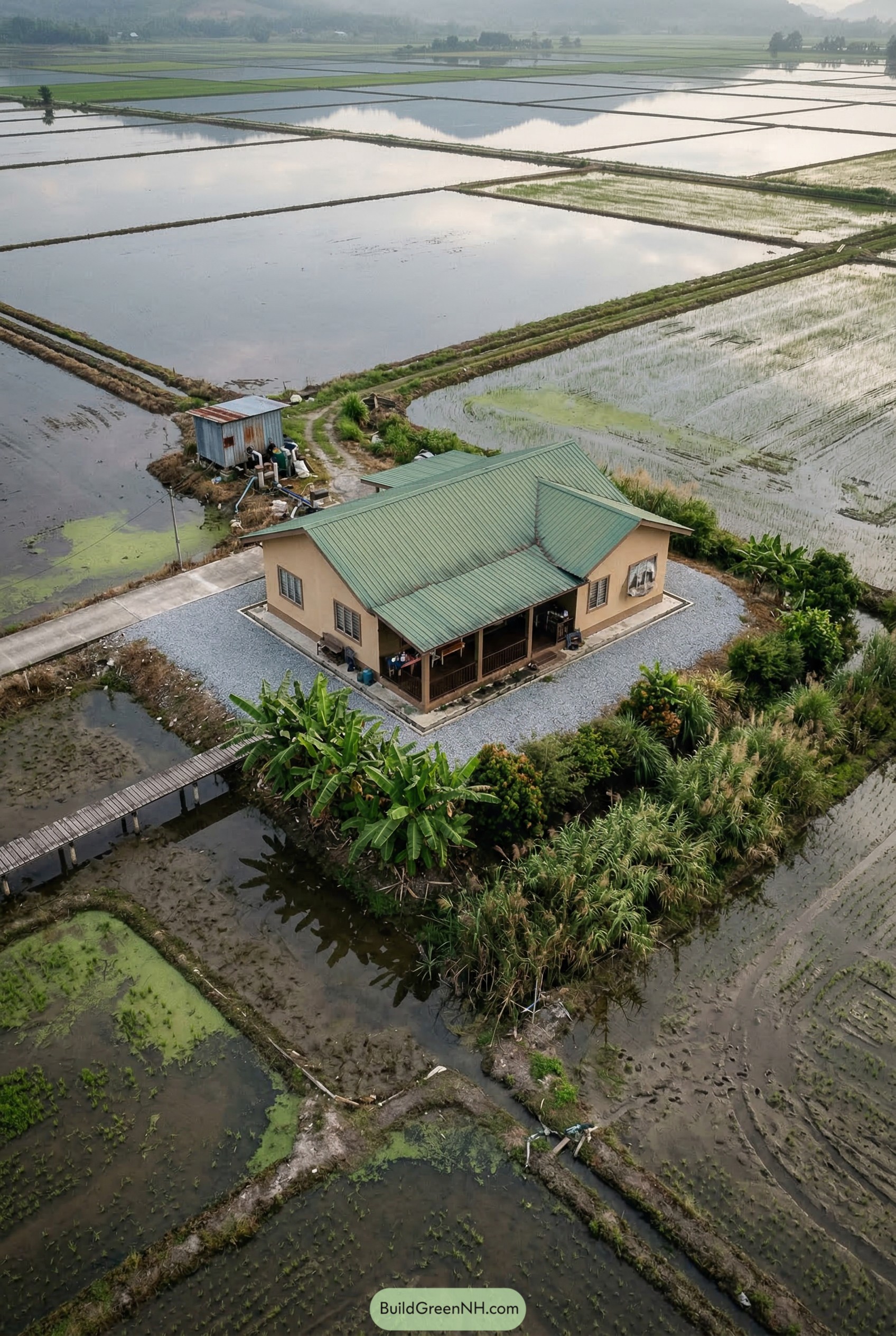 Farmhouse on raised plot amid rice paddies