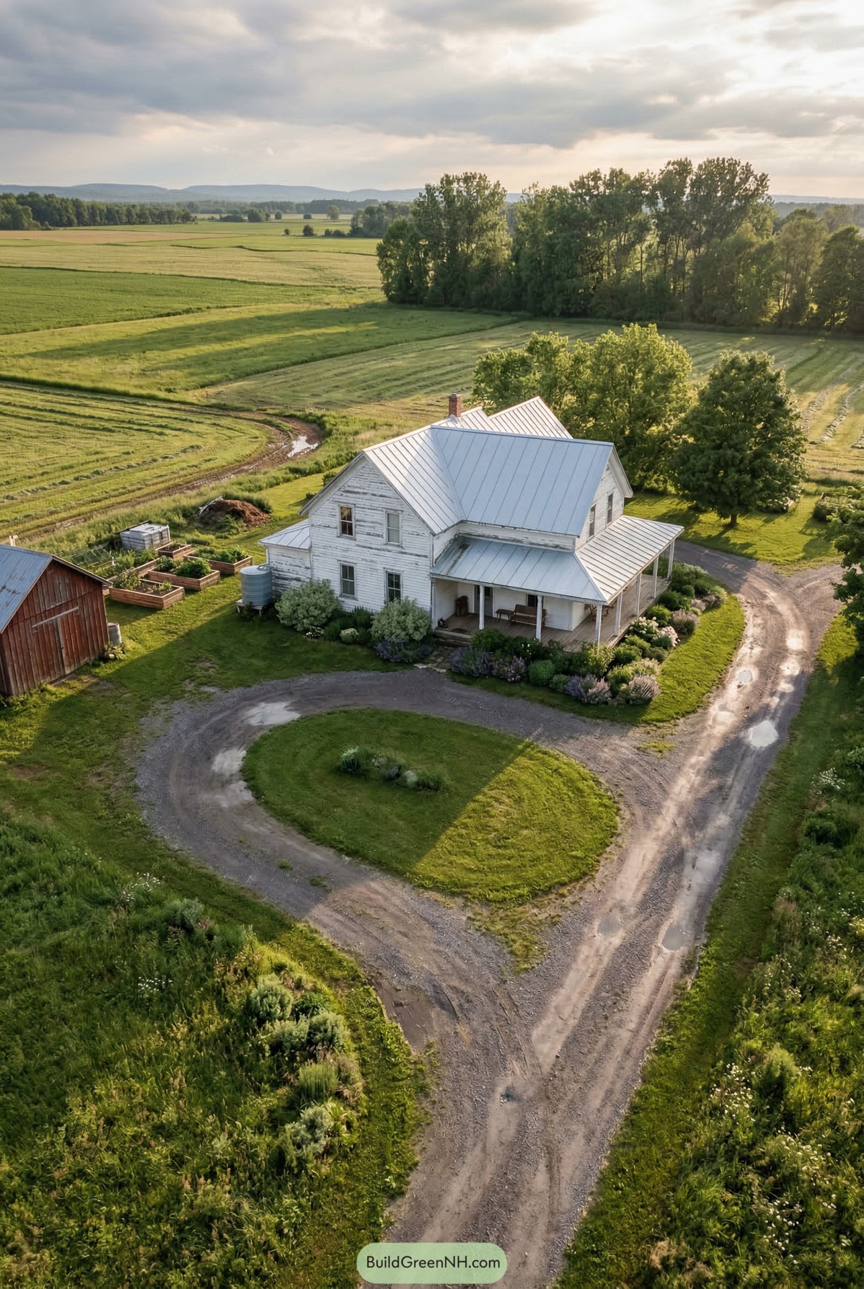 White farmhouse with circular drive and fields
