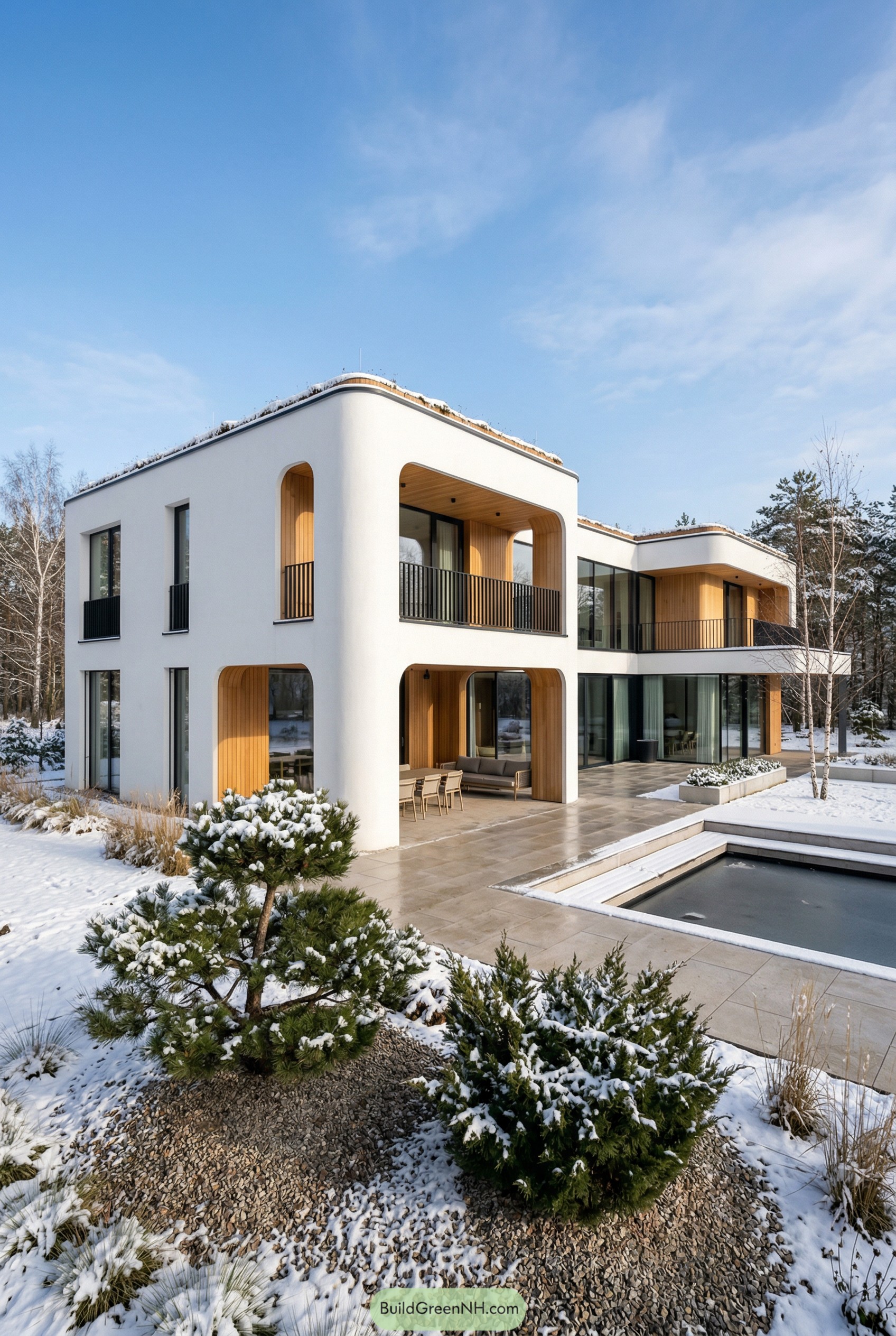 Two story white villa with rounded corners large glass walls and wood lined arches facing a snowy courtyard and pool