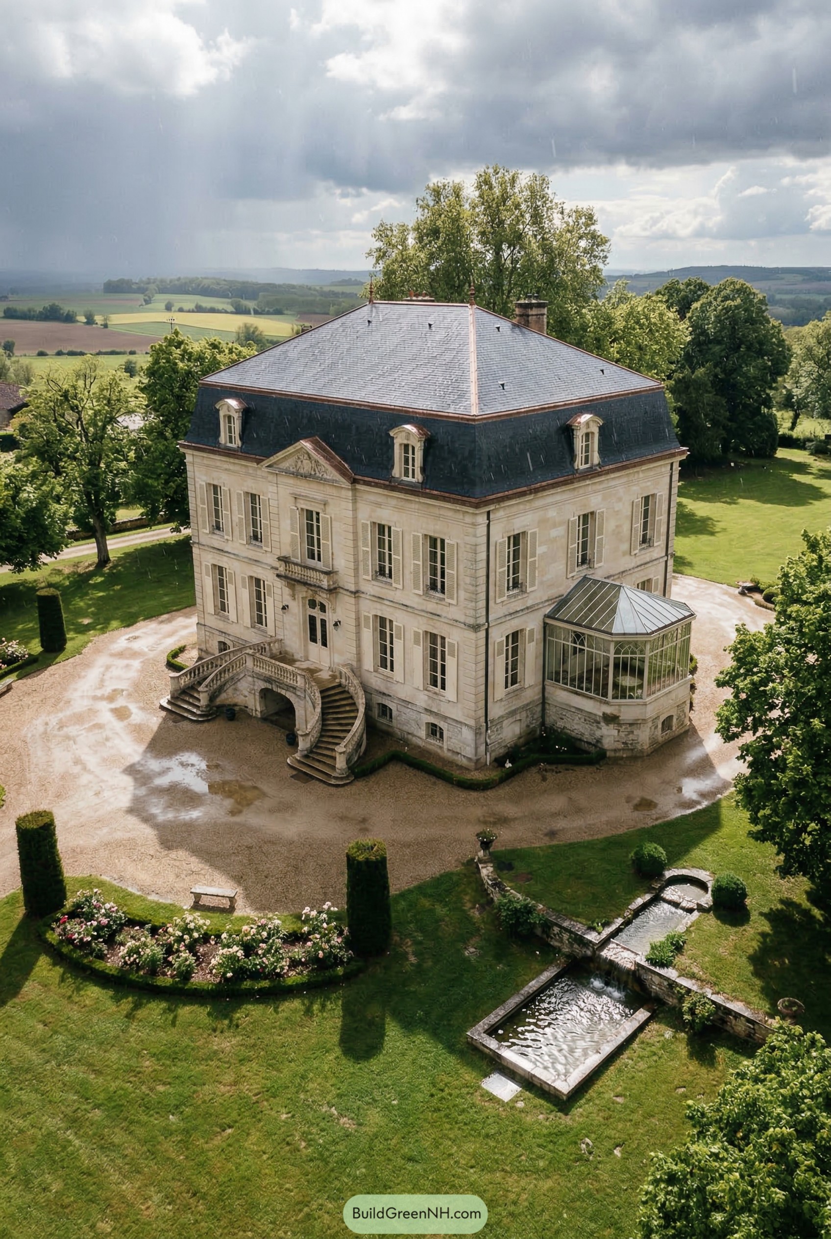French limestone chateau with curved stairs and conservatory