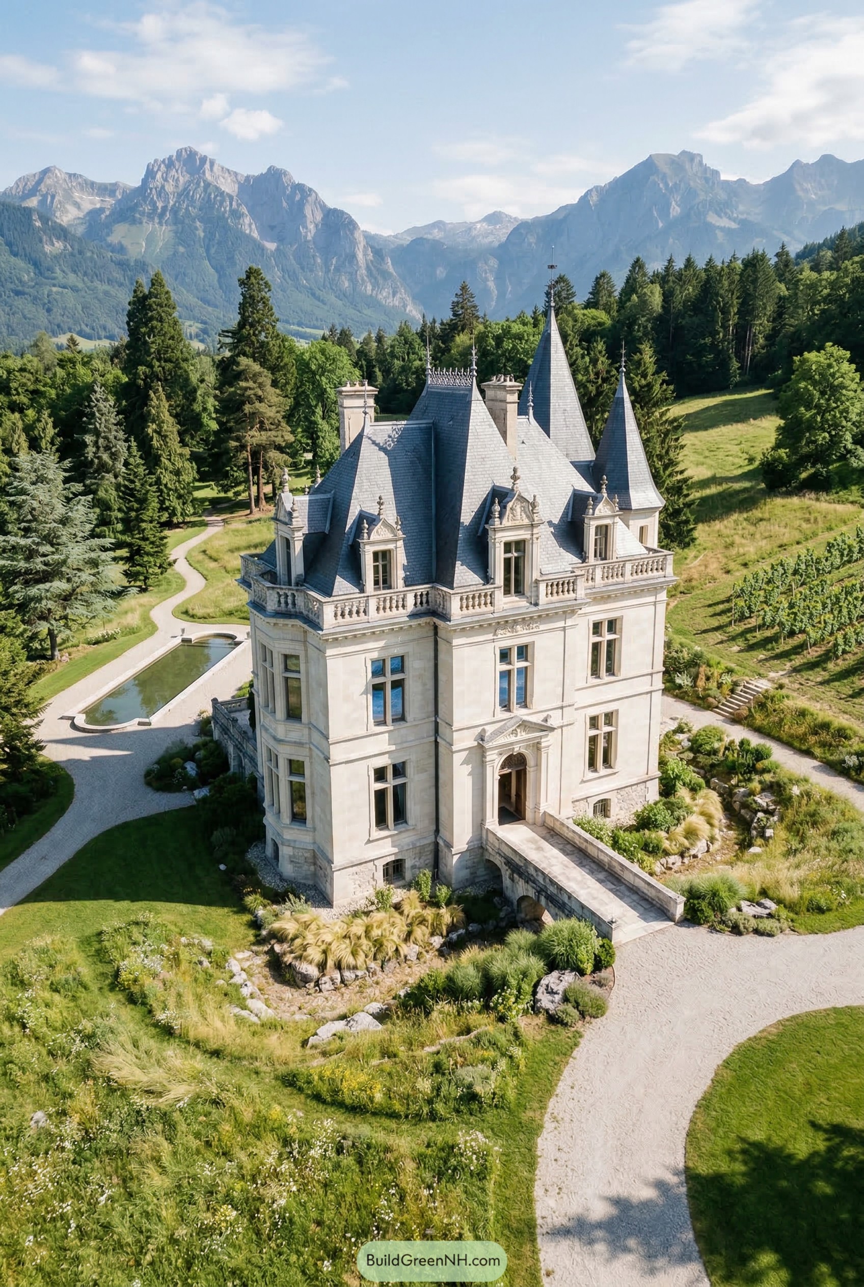 French château with slate spires and reflecting pool