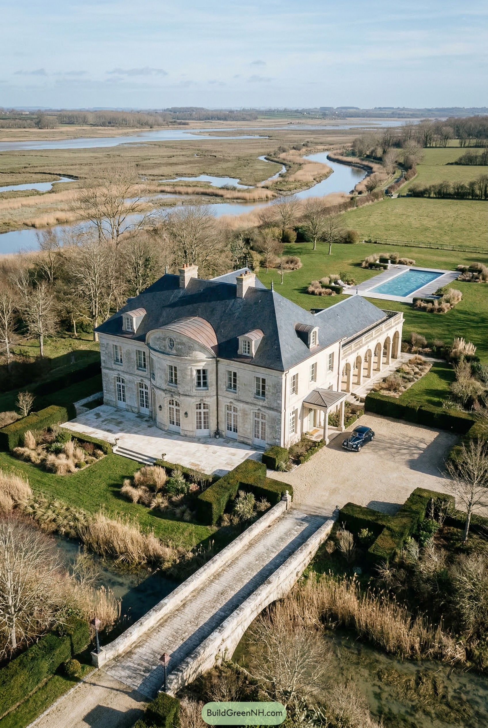 Stone French manor with bowed facade arched wing and bridge approach