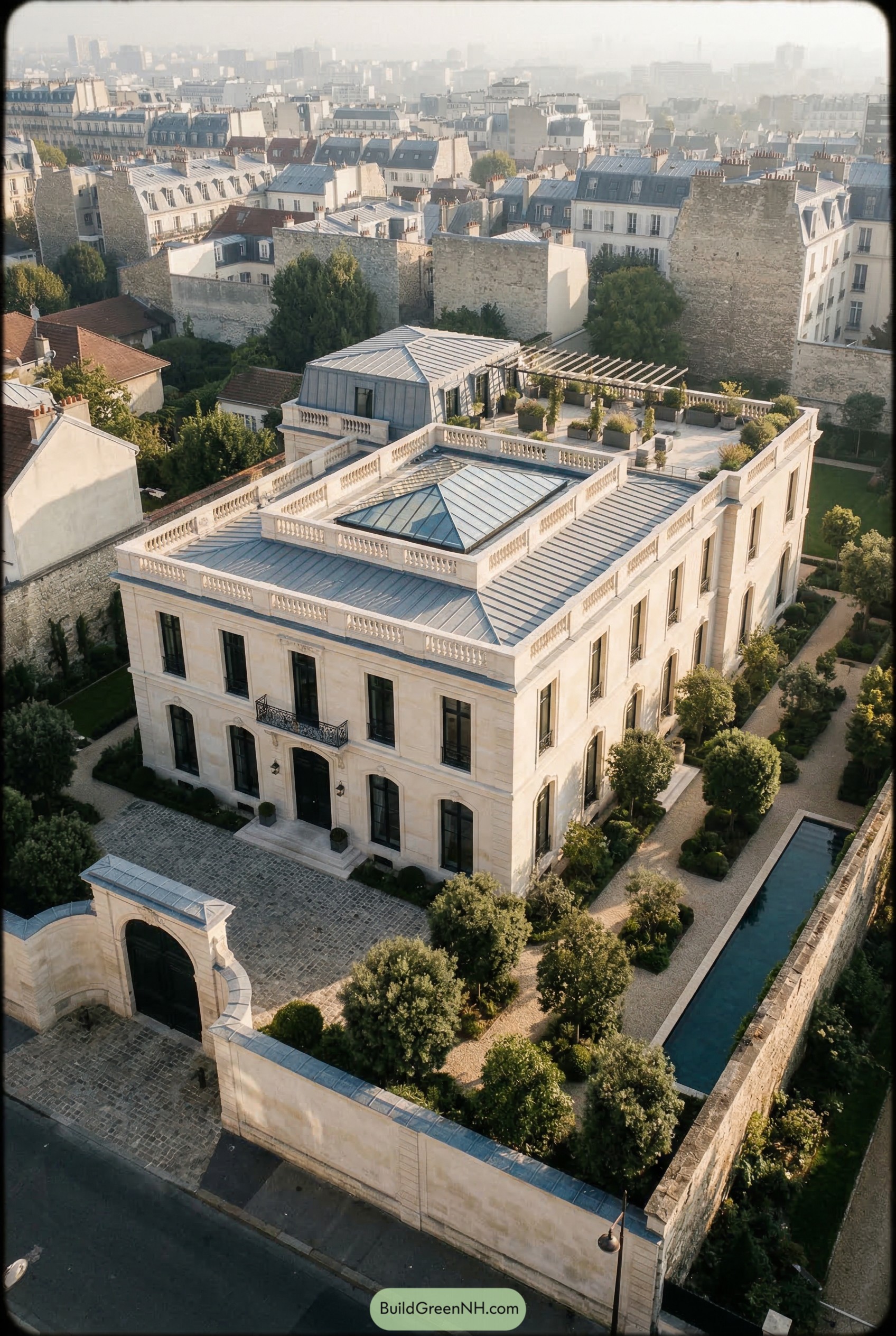 Walled limestone mansion with roof terrace and reflecting pool