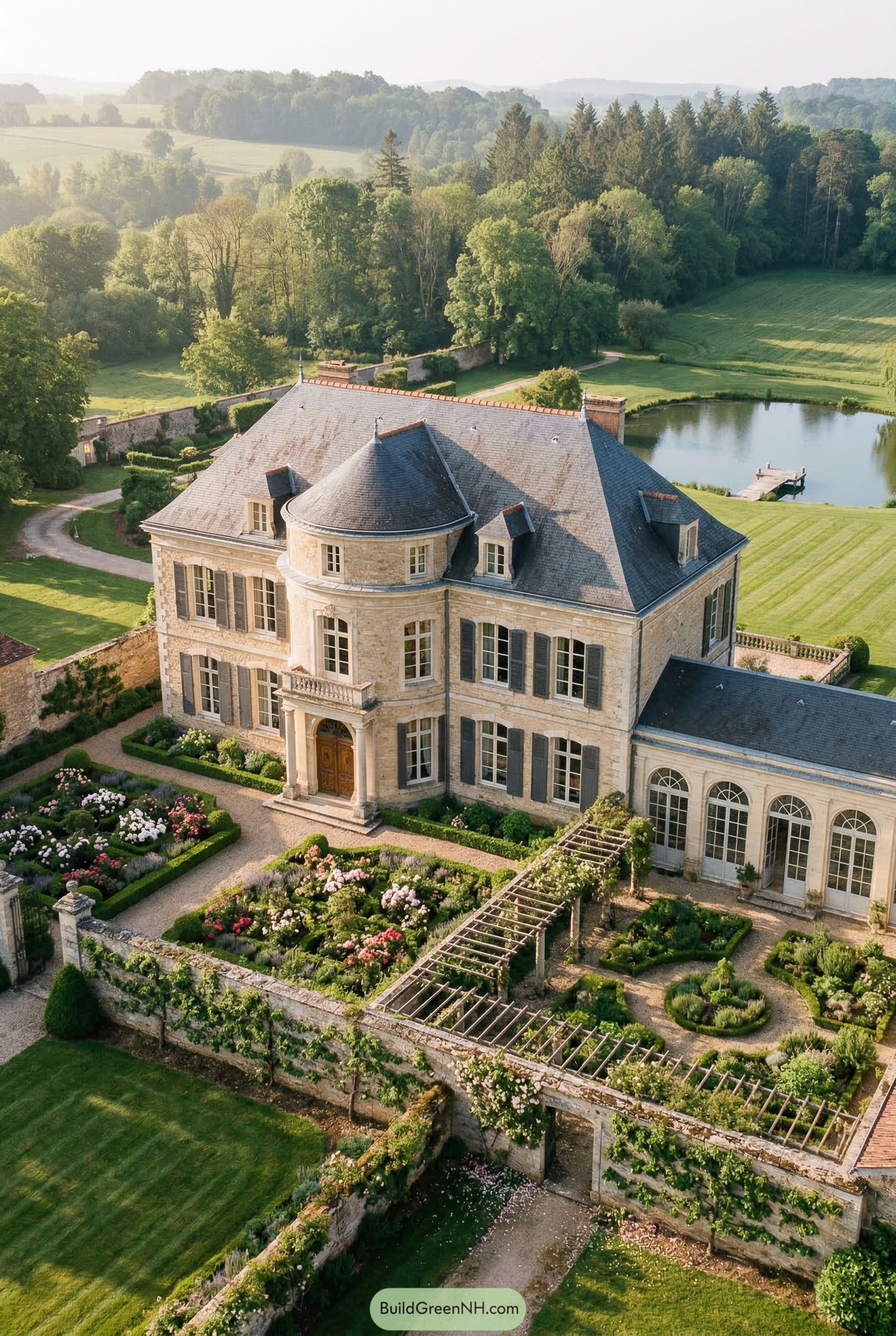 Aerial view of a limestone French manor with a round tower and walled gardens
