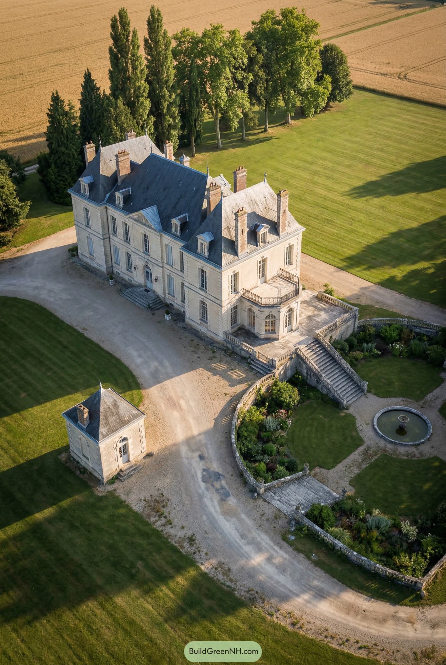 Stone French manor with slate roof curved stair and formal garden