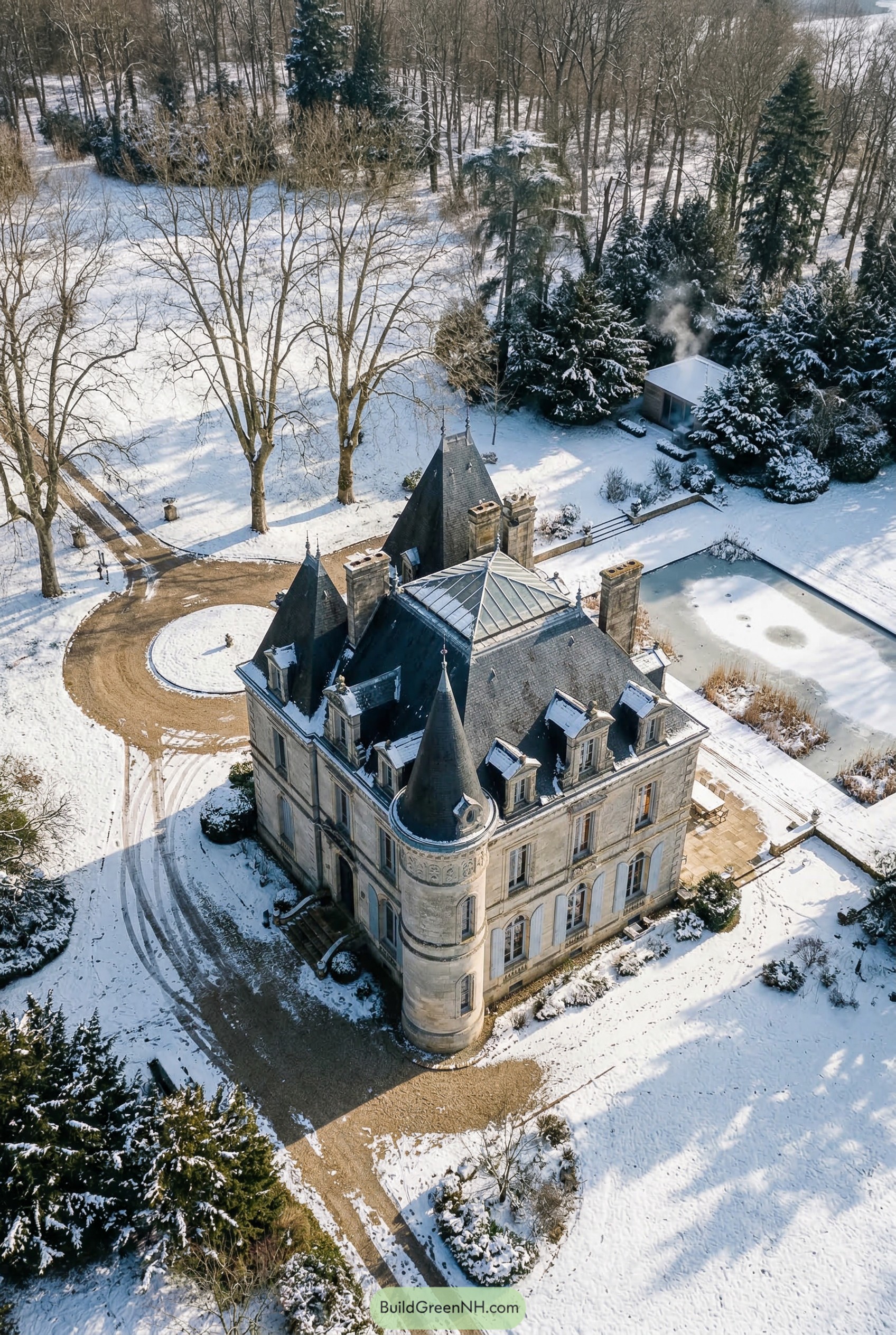 Snowy stone chateau with turrets and frozen pond