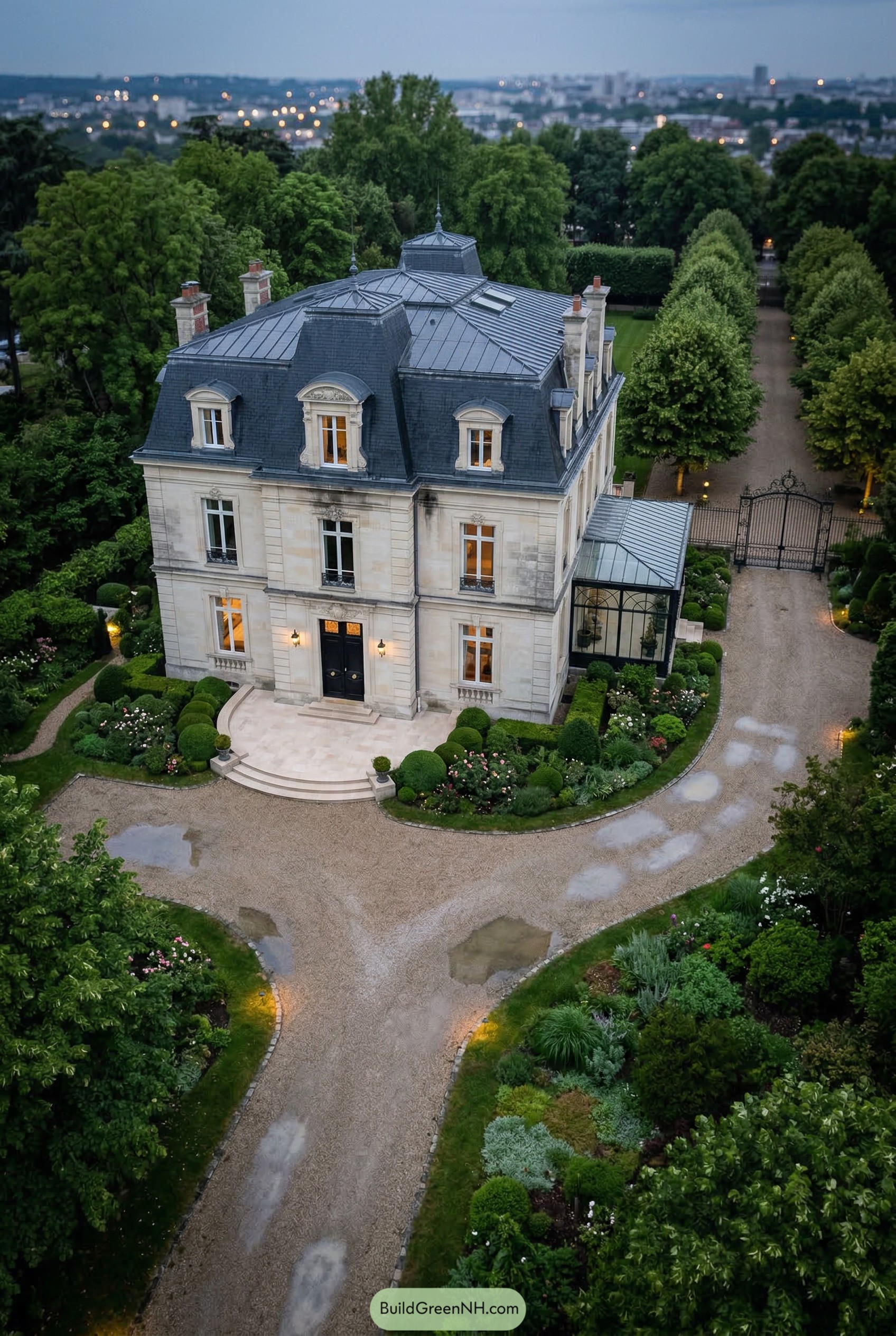 French limestone mansion with slate mansard roof and formal drive