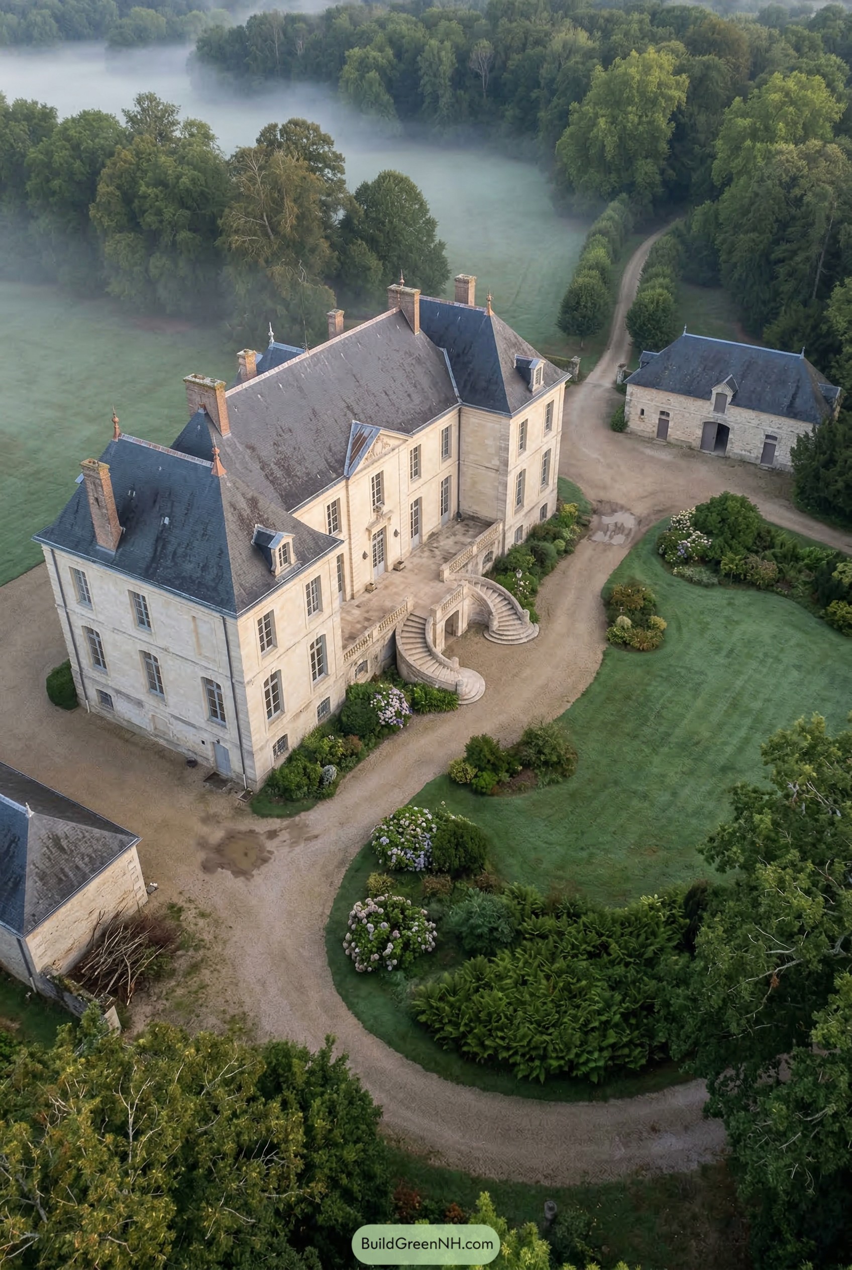 French limestone manor with curved double staircase and slate roof