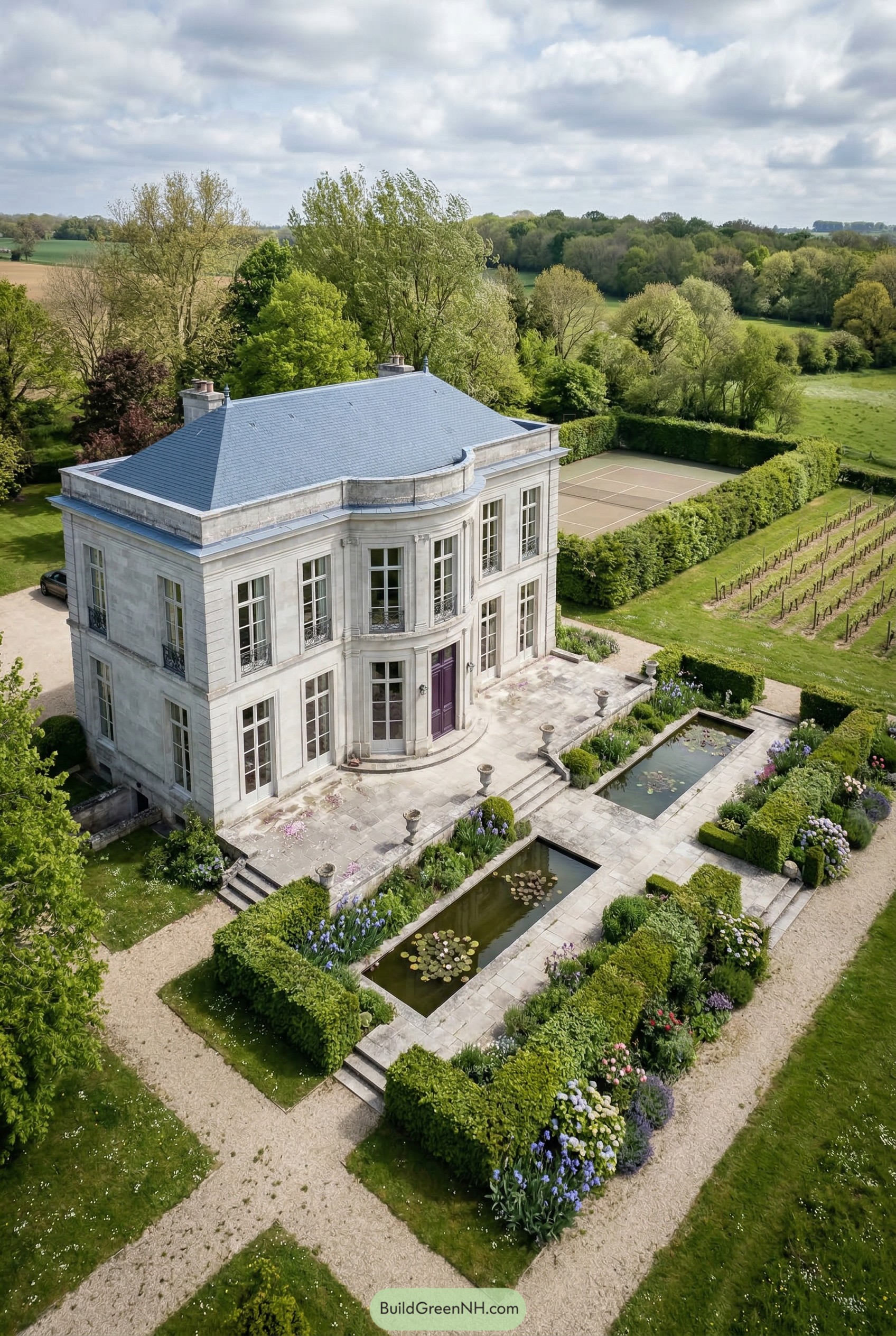 Stone French villa with reflecting pools