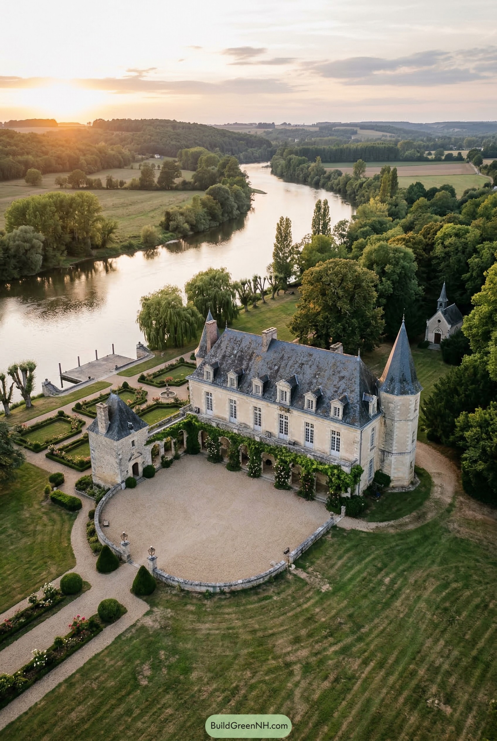 French riverside chateau with turret formal gardens and dock