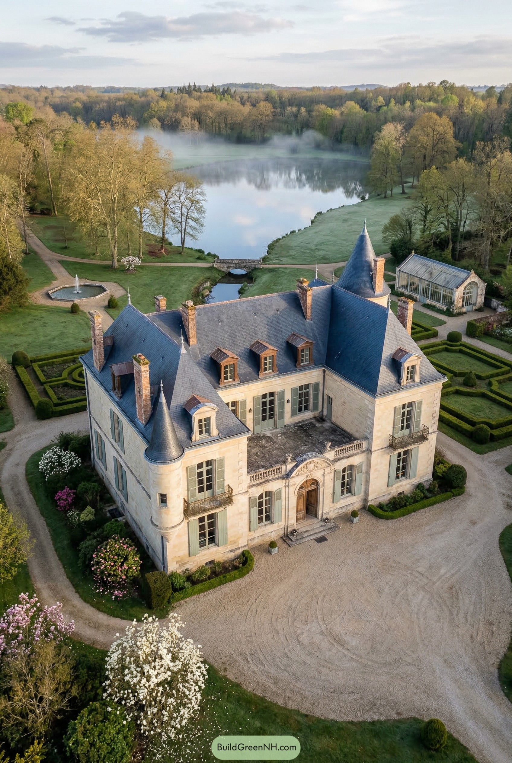 French chateau with turrets beside a lake