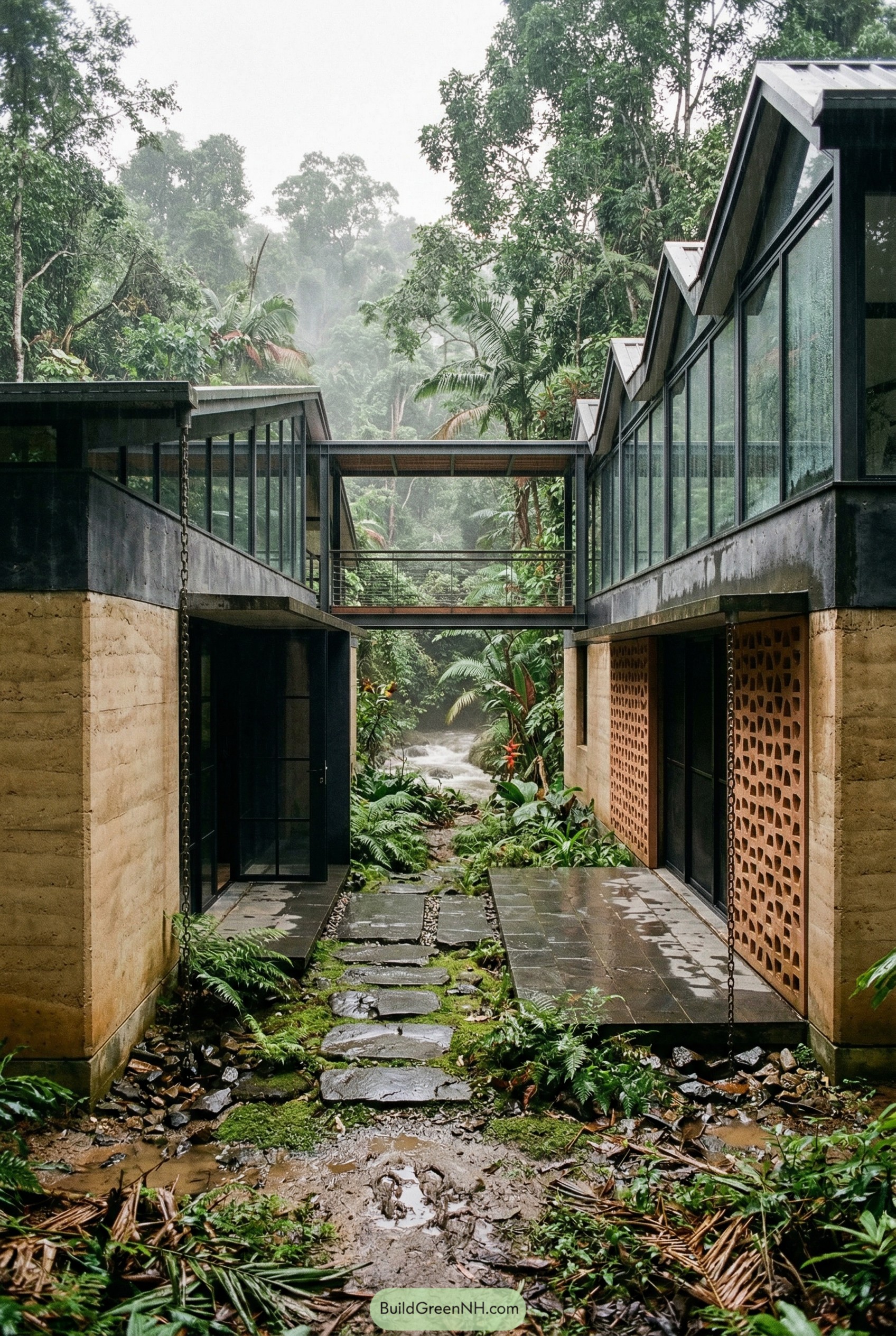 Full-house-in-frame documentary architecture photo of a tropical modernist courtyard home in dense rainforest, composed of two low pavilions in sand-colored rammed earth and charcoal concrete connected by an open-air breezeway bridge; a sawtooth roof with clerestory glazing faces away from the afternoon sun, and perforated terracotta brise-soleil panels cast irregular shadows on a basalt terrace; the entry is a shaded laneway of stepping stones set in damp moss, leading to a matte black steel-framed glass door, with rain chains, puddles, and muddy footprints visible after a monsoon downpour; background features a swollen creek, mist rising, and tangled understory plants with broken leaves and fallen fronds under overcast light. No people, no animals, no text, strictly no collages. Make this look like a real, un-staged architectural photograph (not a render). Use coherent real-world lighting for a specific time/weather (consistent shadow direction and softness across the whole scene). Ensure physically correct grounding with strong contact shadows/ambient occlusion - nothing floating. Add natural realistic environmental randomness (irregular vegetation density, mixed species, messy edges, footprints/mud/snow variation, small clutter). Glass must behave realistically (balanced reflections + interior visibility, mild glare hotspots, slight condensation if cold). Avoid perfect symmetry and "hero shot" staging; use slightly off-center human framing. Add subtle camera characteristics: realistic dynamic range (no HDR look), mild depth of field, slight vignetting, gentle film grain, natural color.