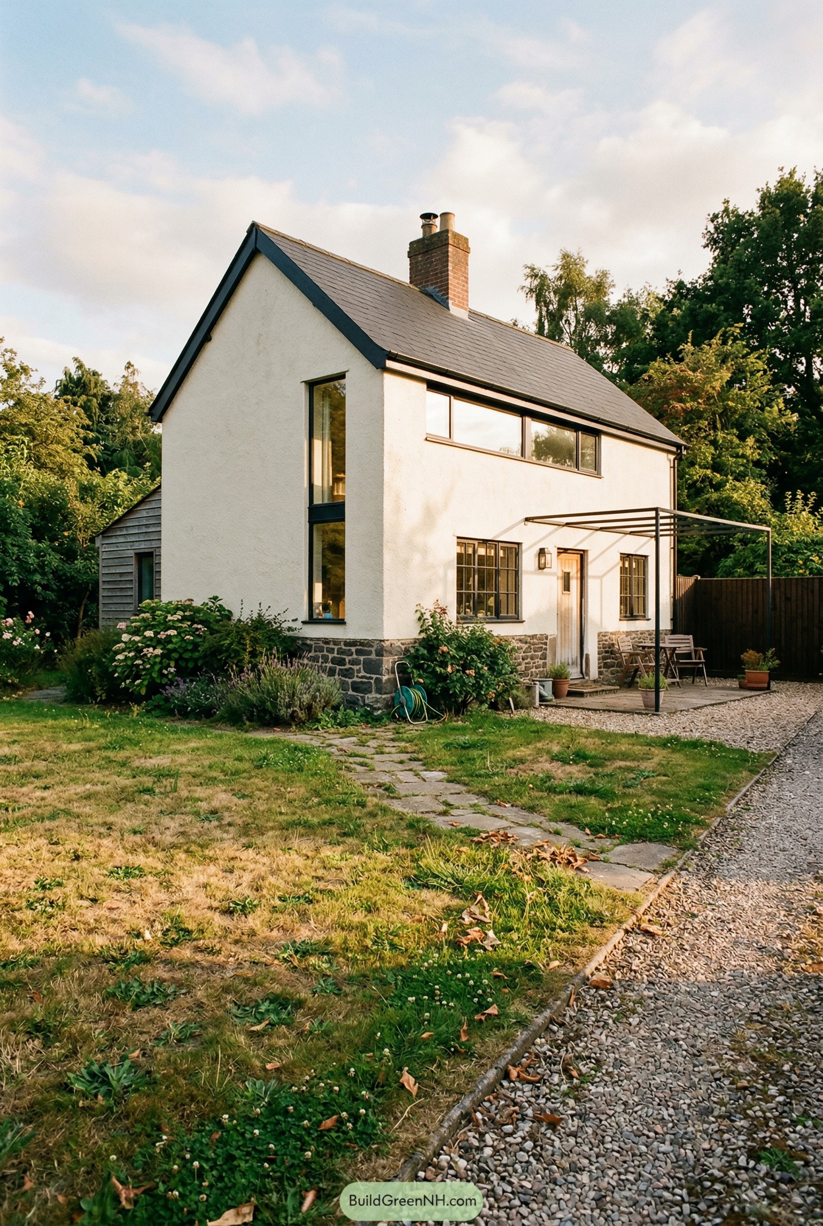 Two story cream cottage with slate roof large windows and surrounding garden