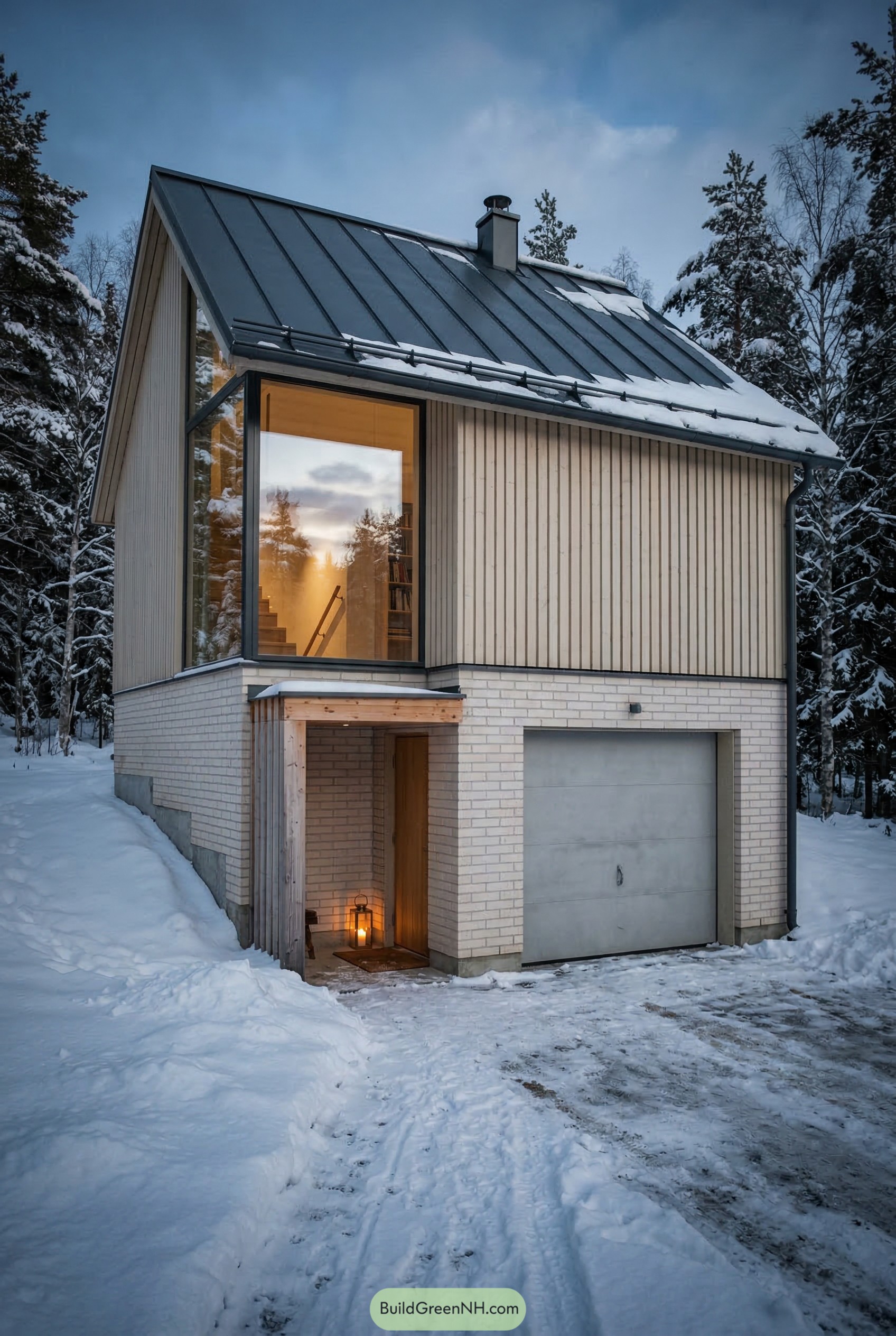 Compact garage house with steep metal roof in snow