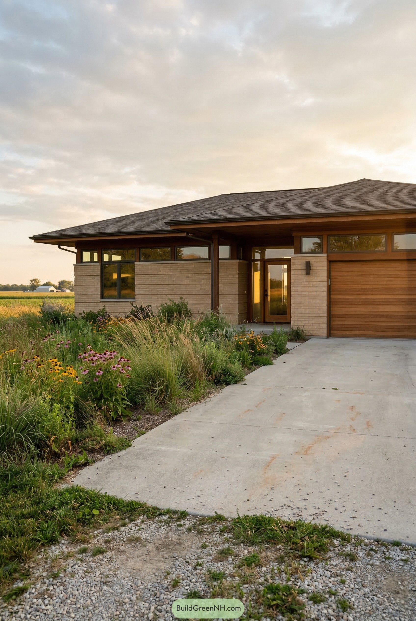 Single story brick garage house in a meadow