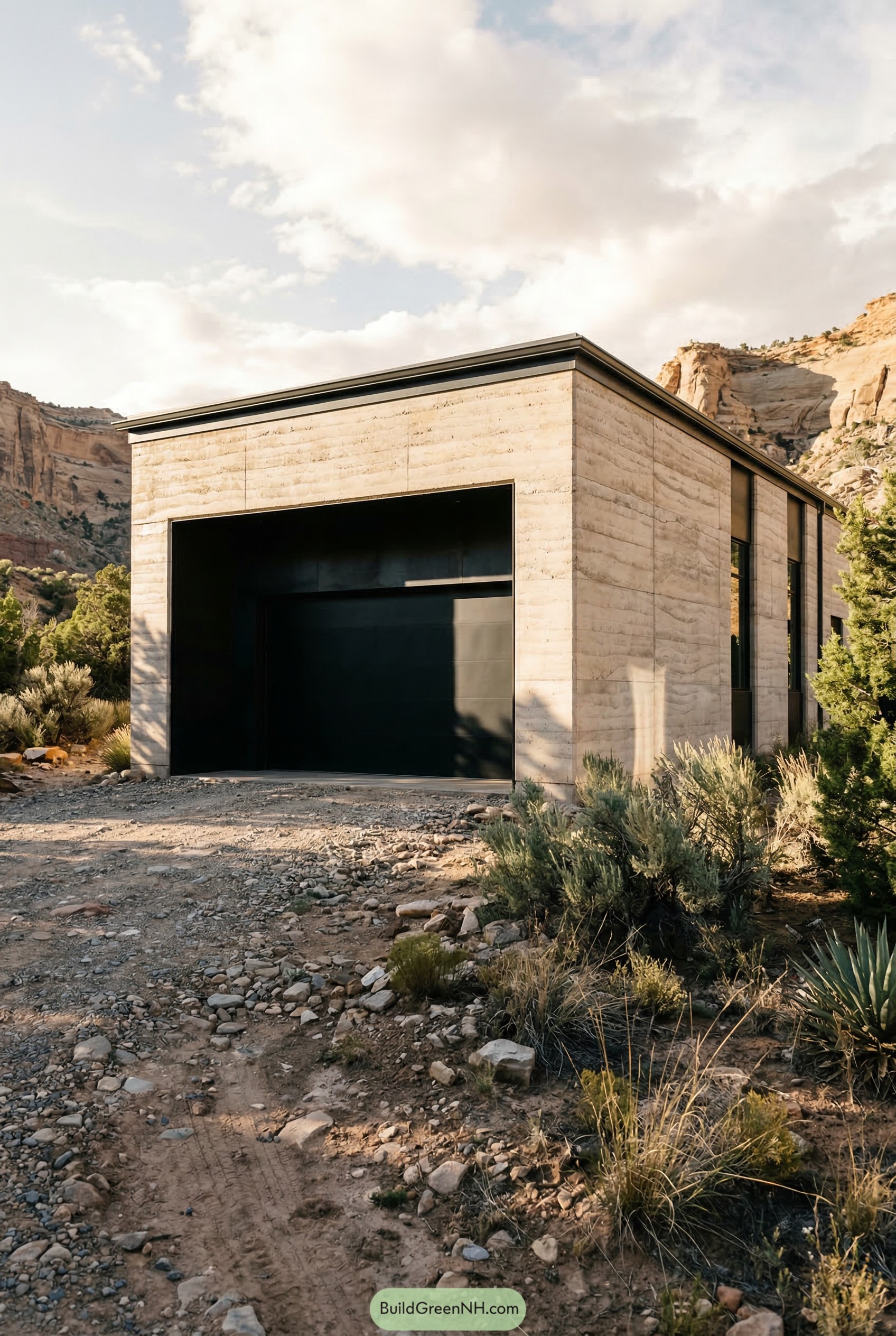 Minimal desert garage with rammed earth walls