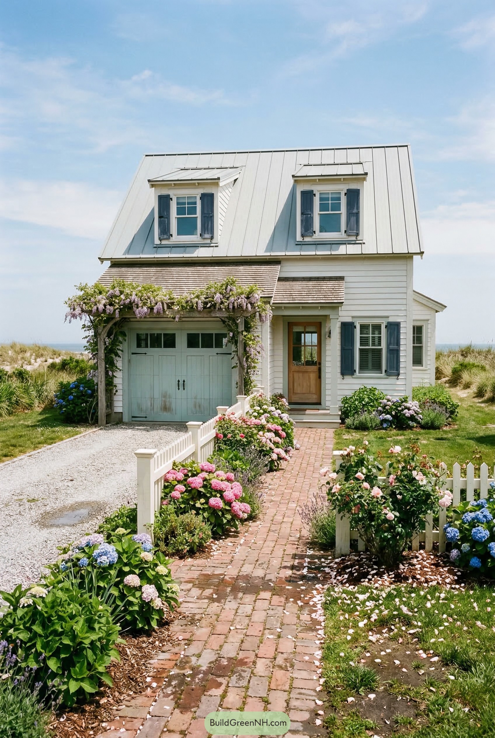White coastal garage cottage with dormers and flower-lined brick path
