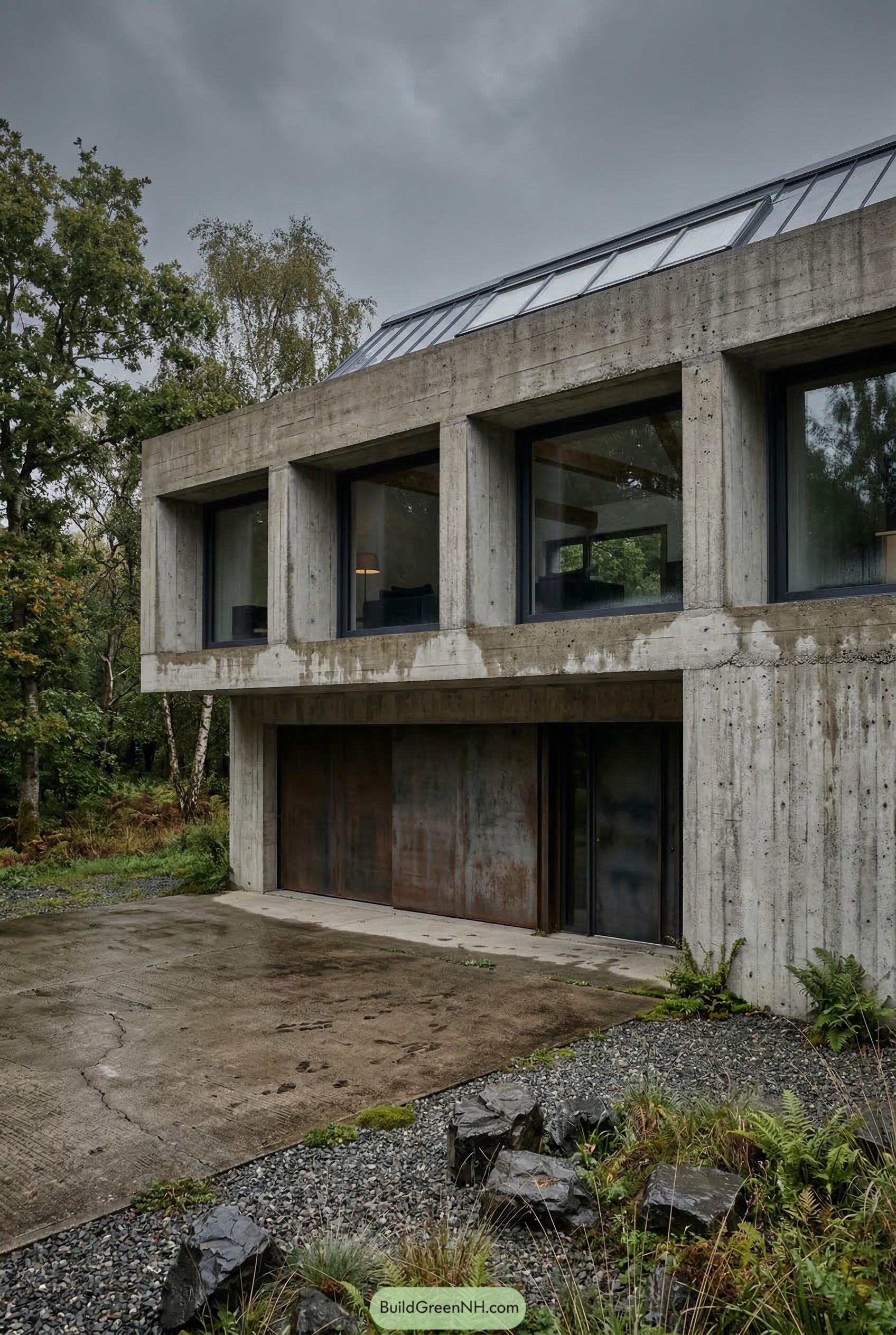 Concrete garage house with rusted doors and clerestory roof