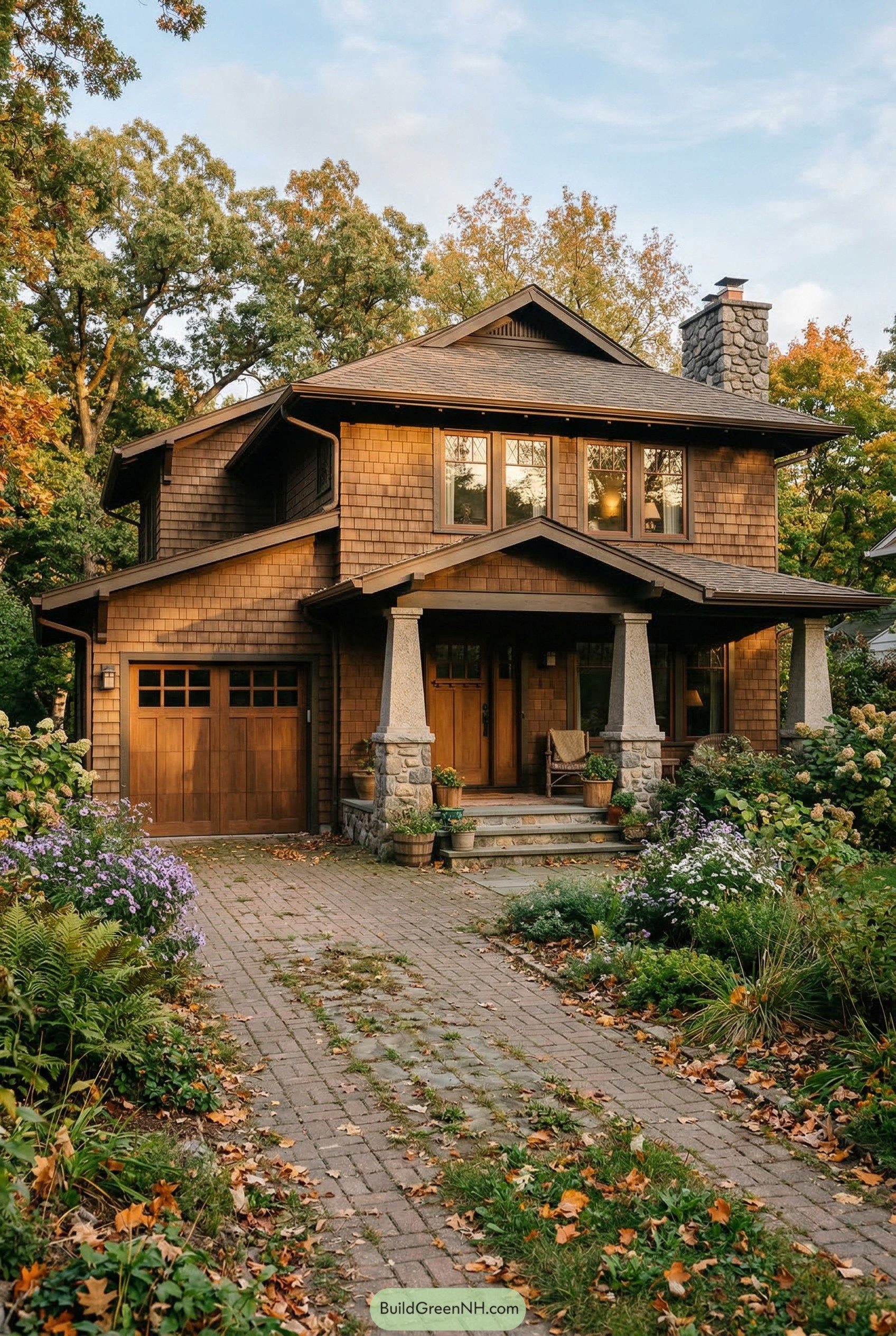 Craftsman garage house with cedar shingles stone chimney and porch