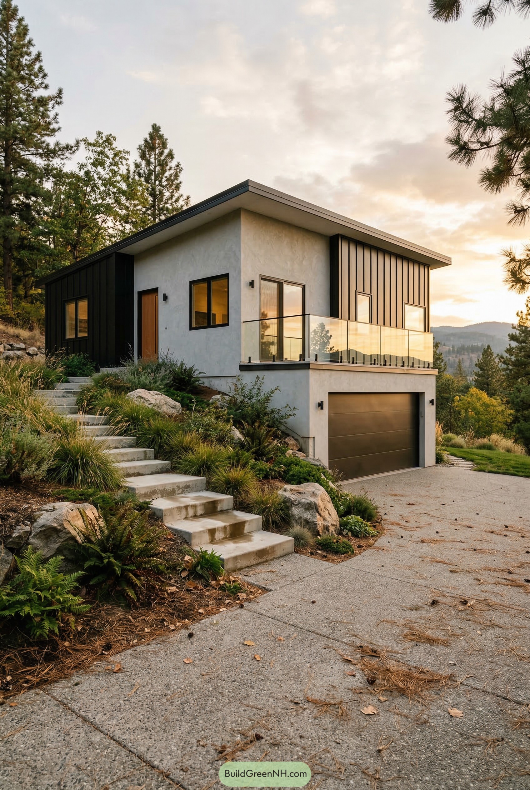 Modern hillside garage house with glass balcony