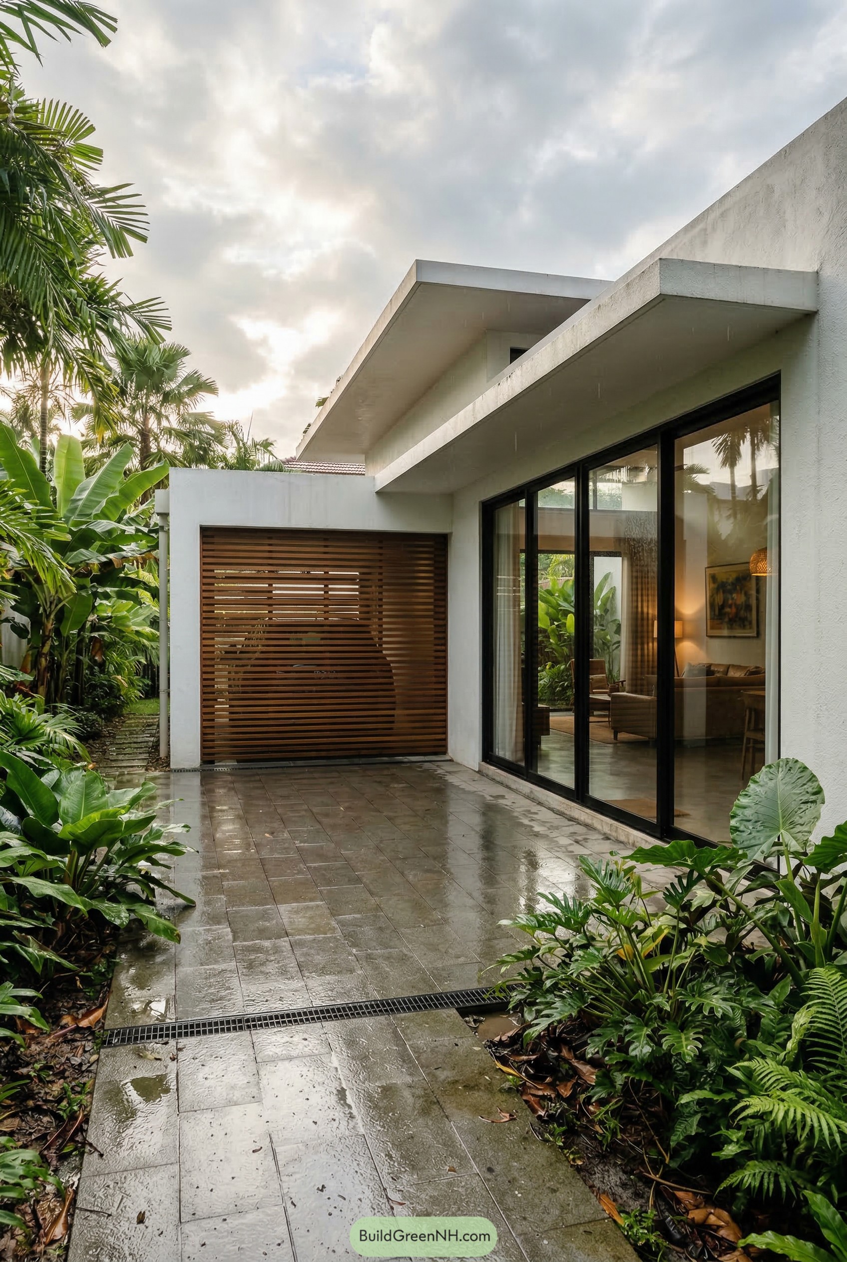 Modern tropical garage house with slatted wood door