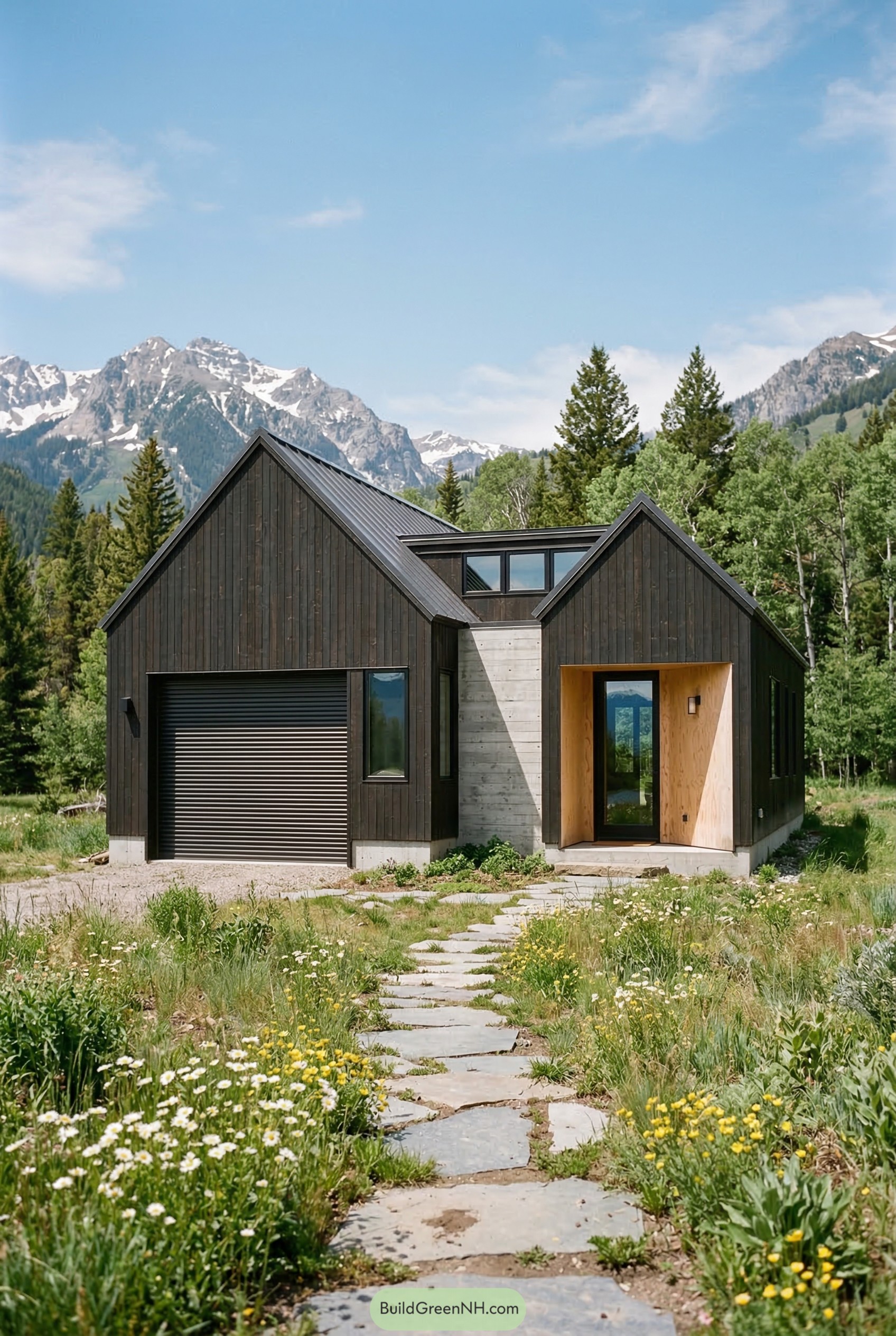Black twin gable garage house in a mountain meadow