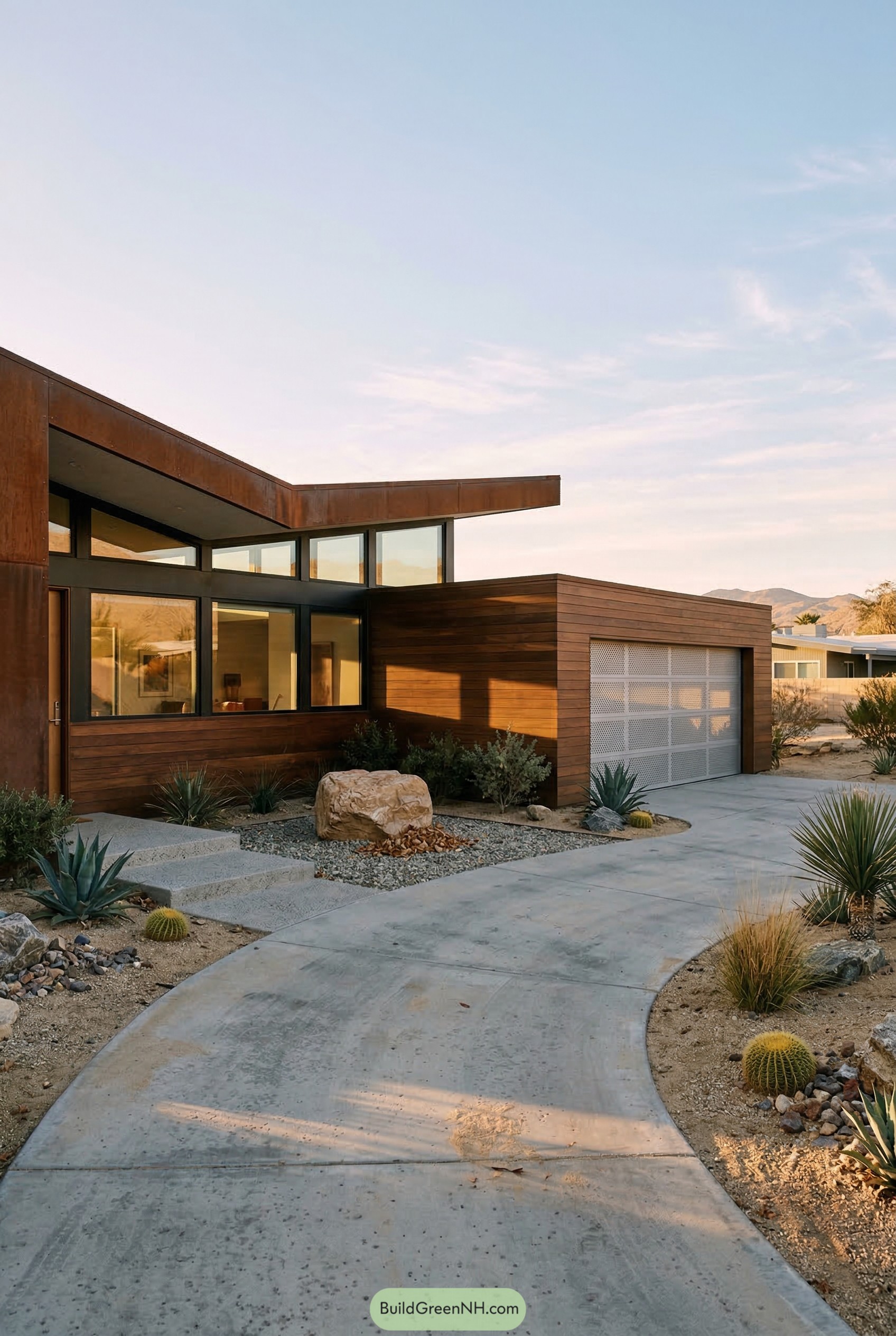 Modern desert garage house with angled roof