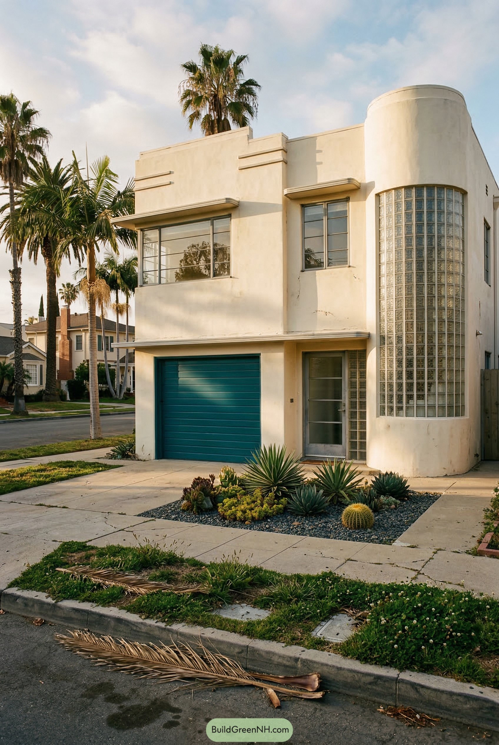 Cream stucco garage house with rounded glass block corner