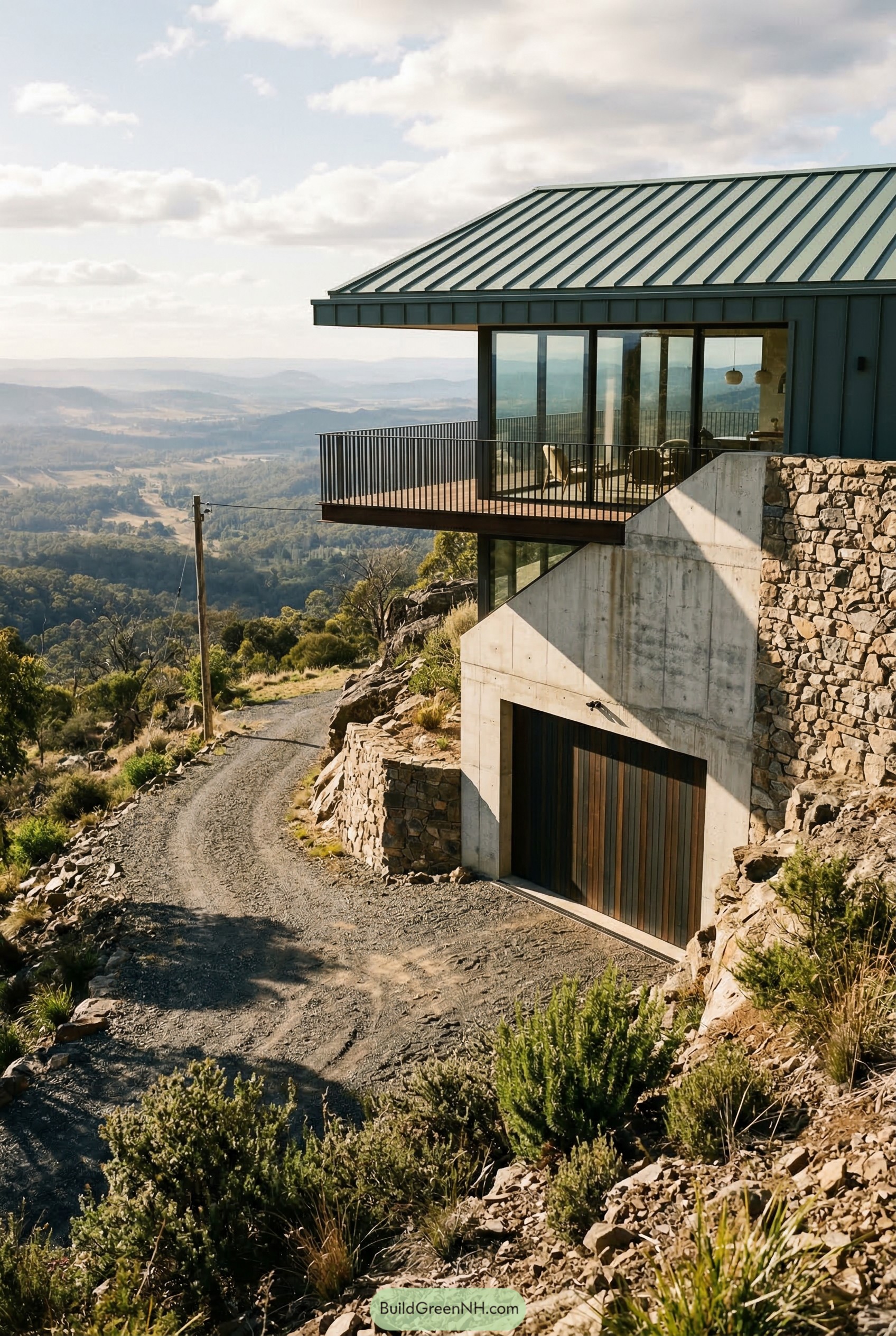 Hillside garage house with cantilevered balcony