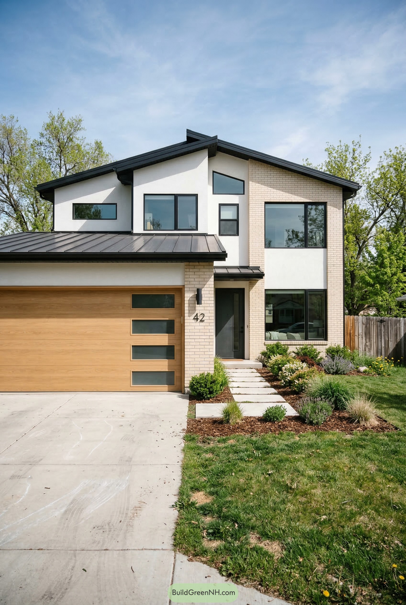 Modern two story garage house with asymmetrical roof