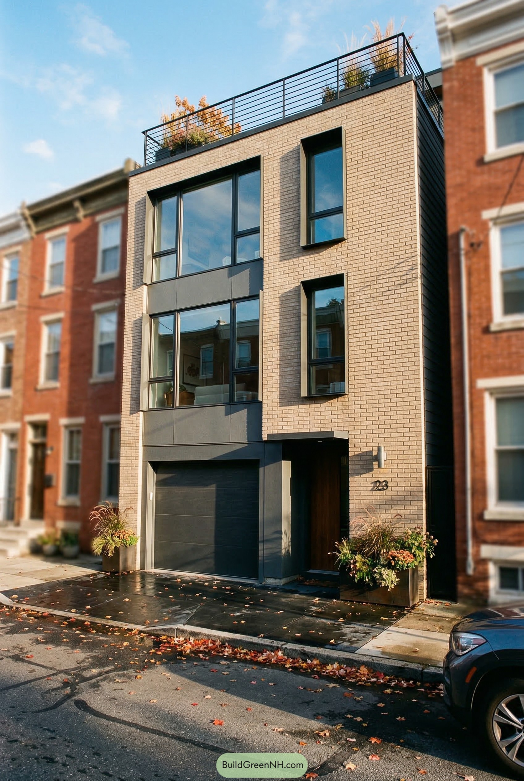 Narrow modern brick garage house with roof deck