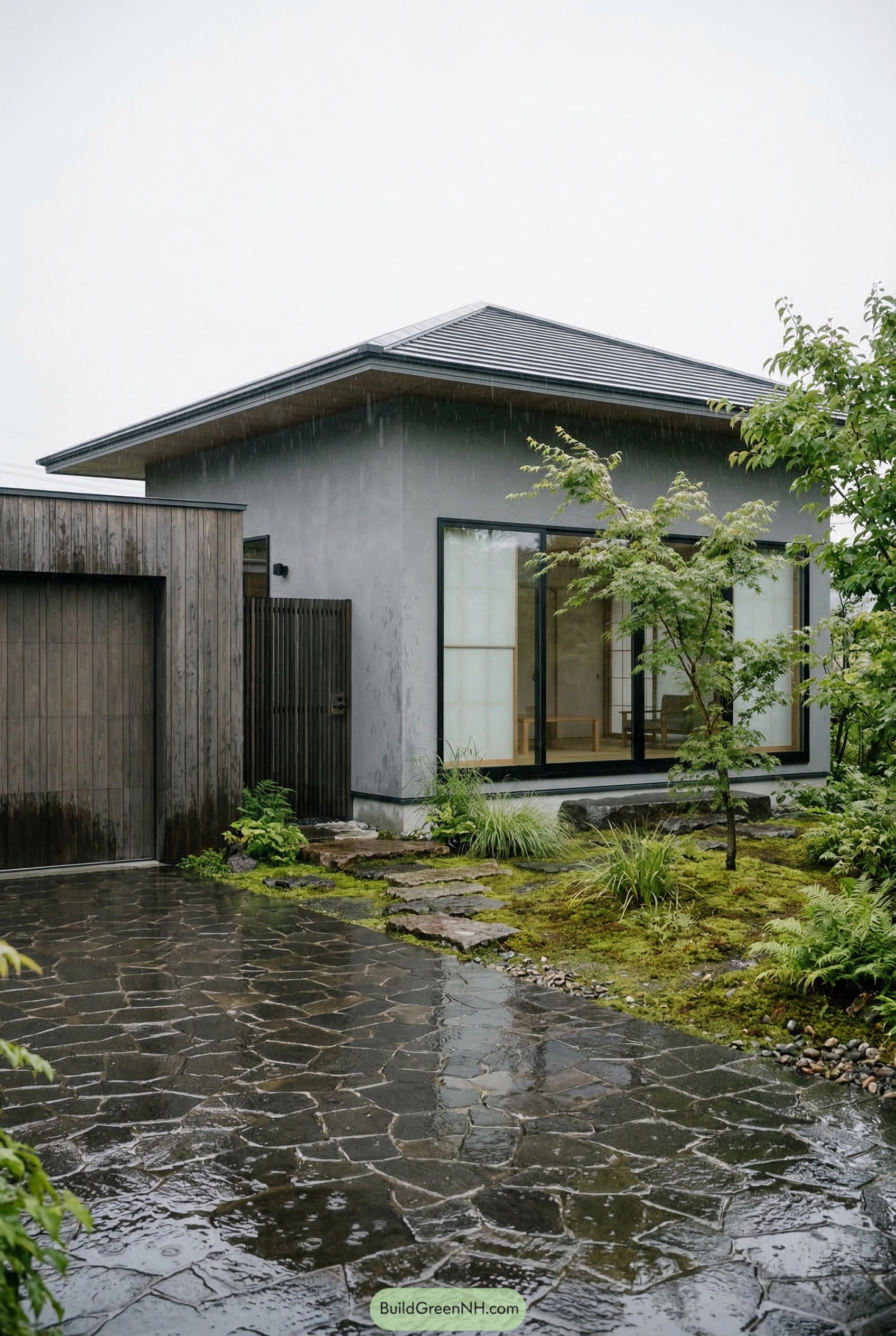 Modern garage house with moss garden