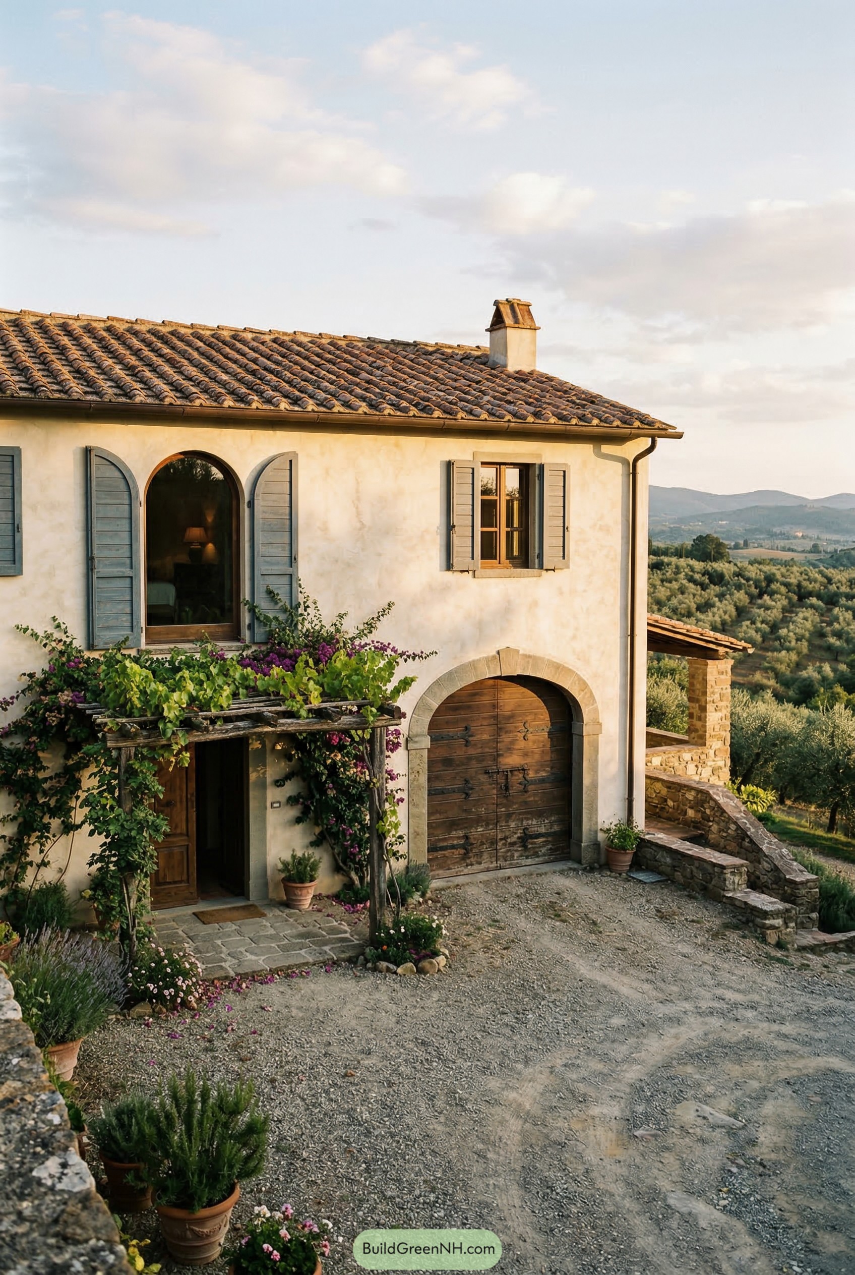 Tuscan style garage house with vine covered entry