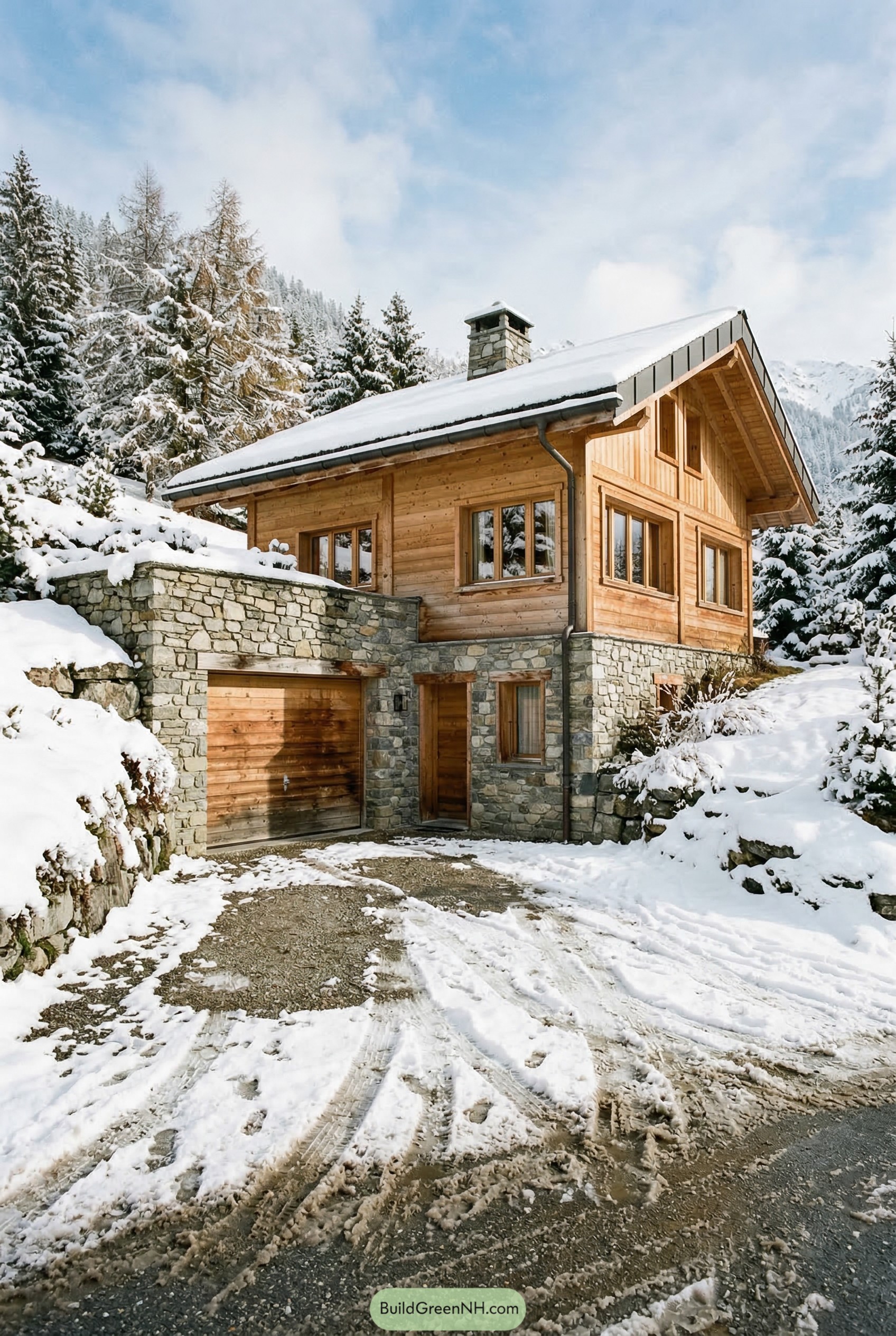 Snowy timber and stone garage chalet