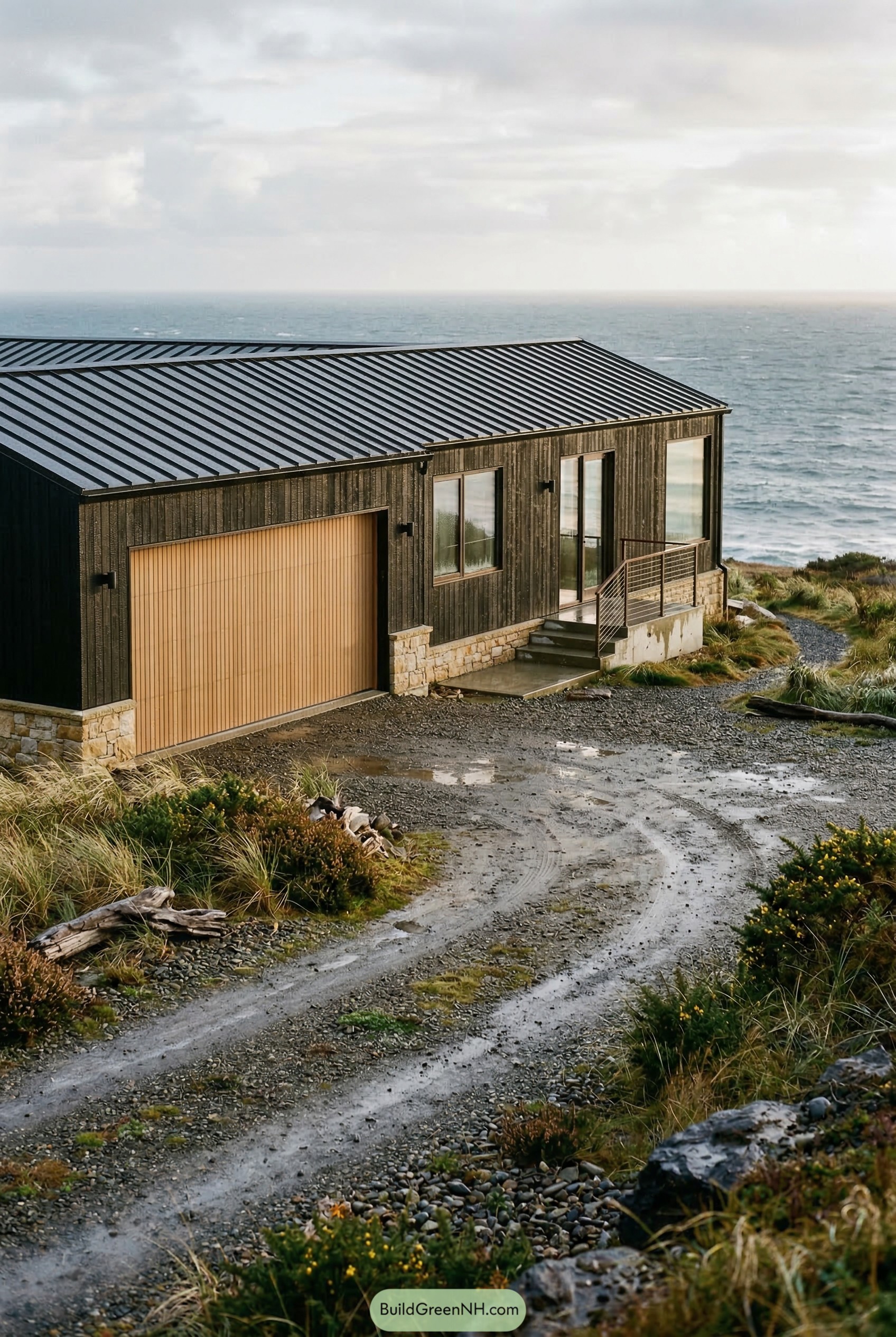 Dark clad garage house by the sea