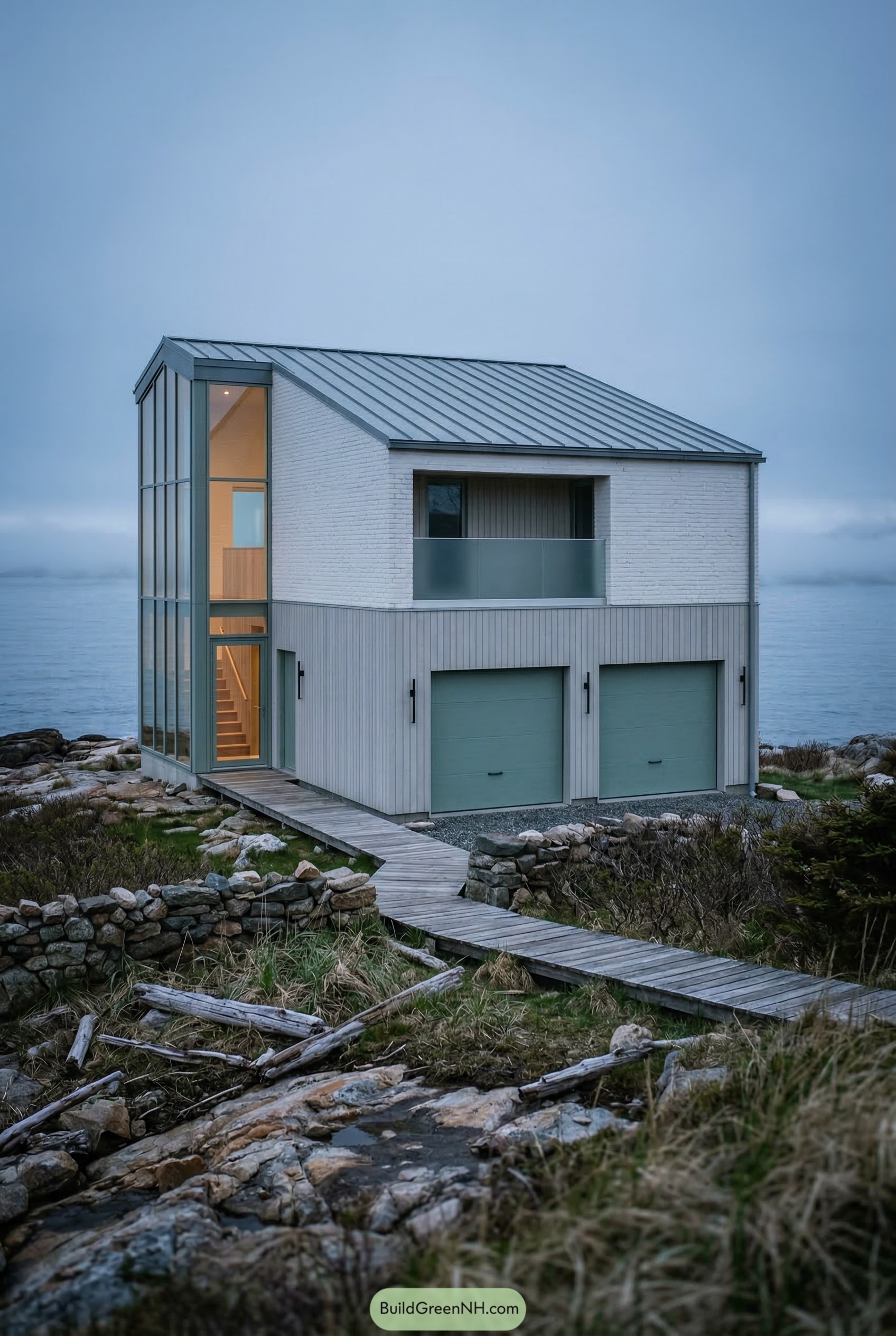 Coastal garage with loft and glass stair tower