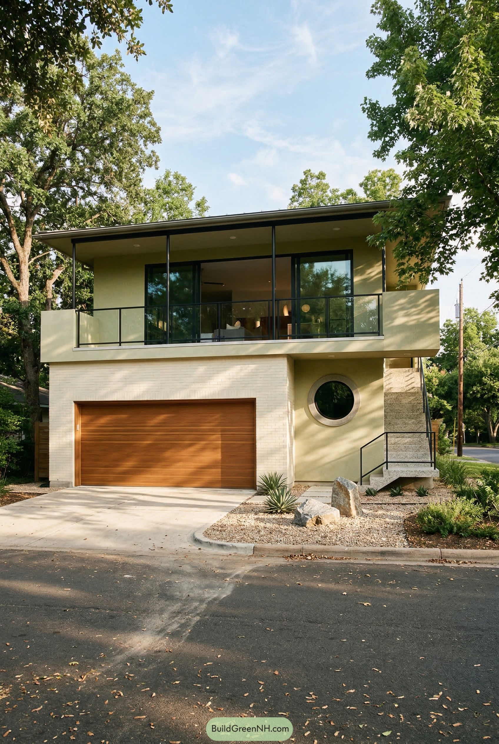 Modern garage flat with balcony and round window