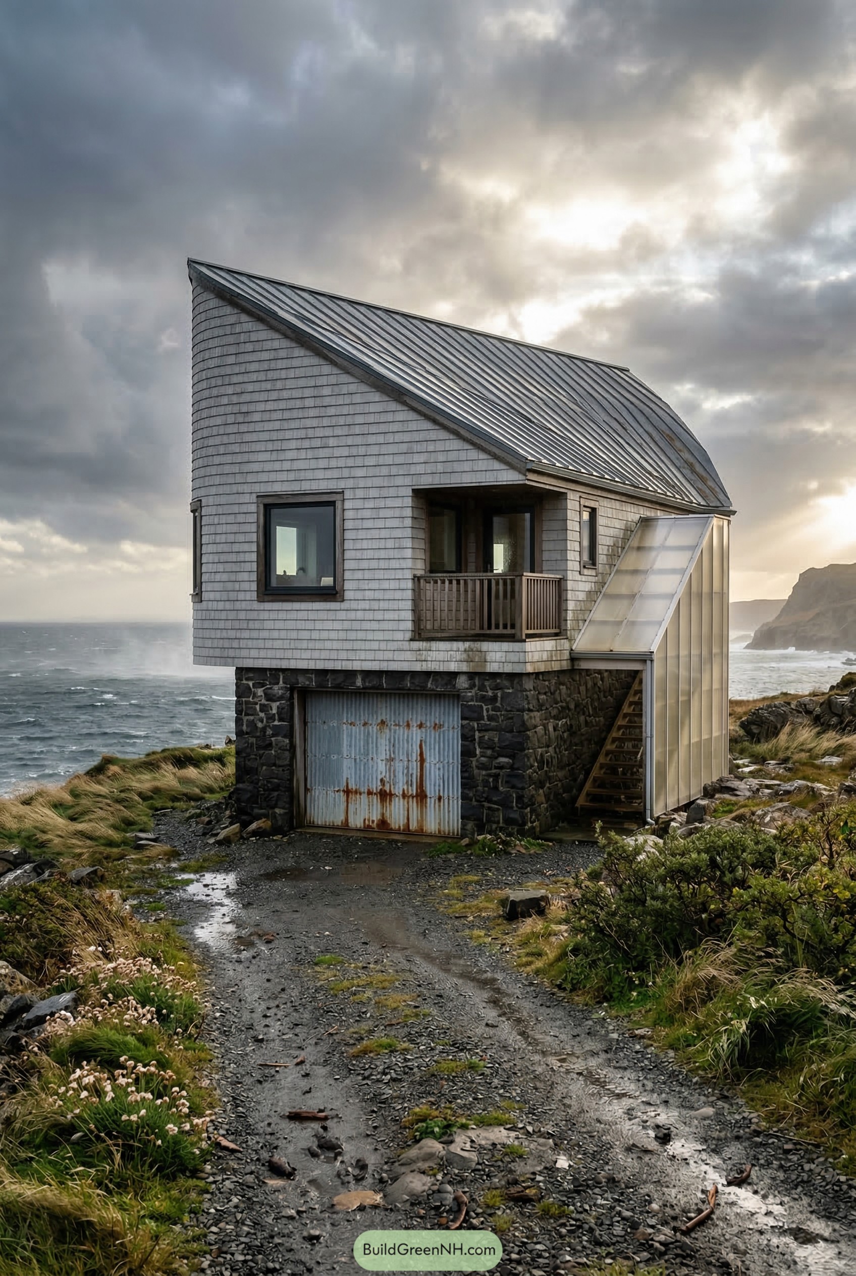 Shingled coastal garage loft with curved metal roof
