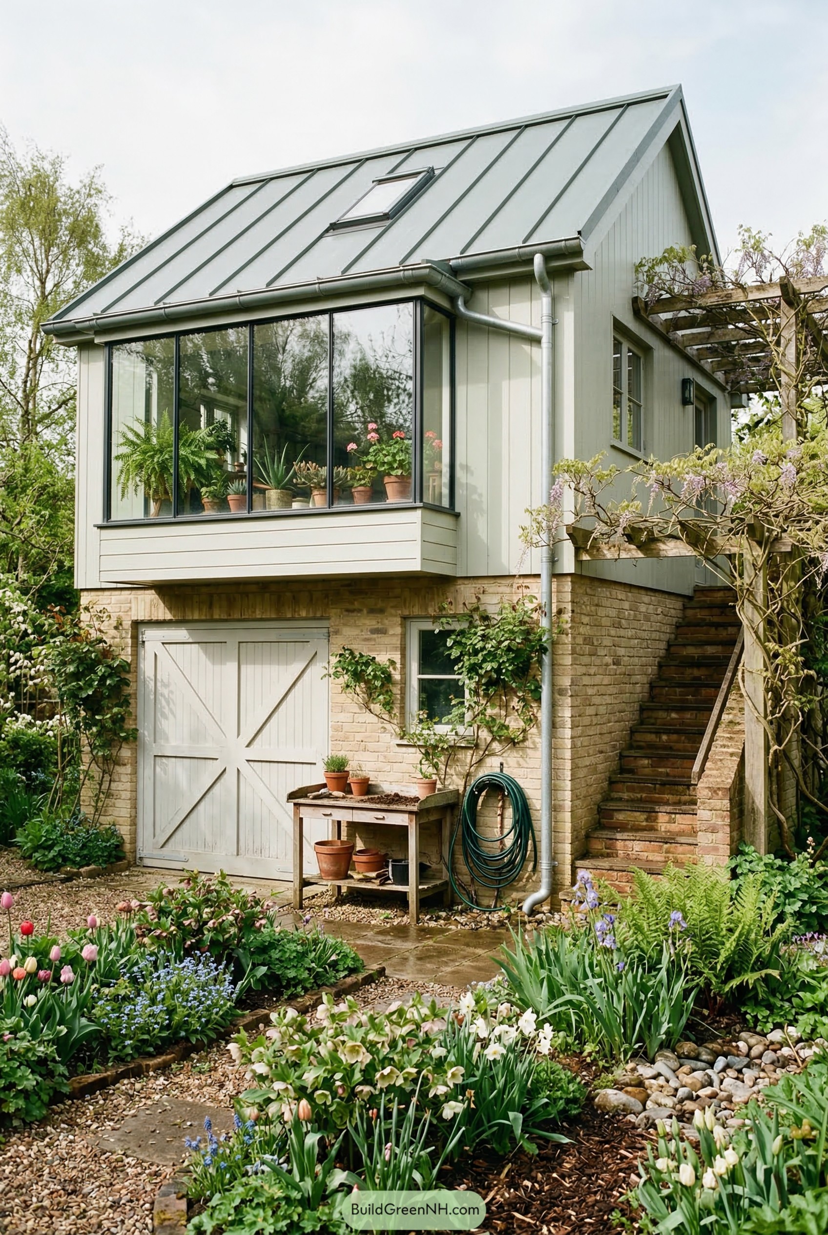 Garden garage apartment with glass corner sunroom and exterior stairs