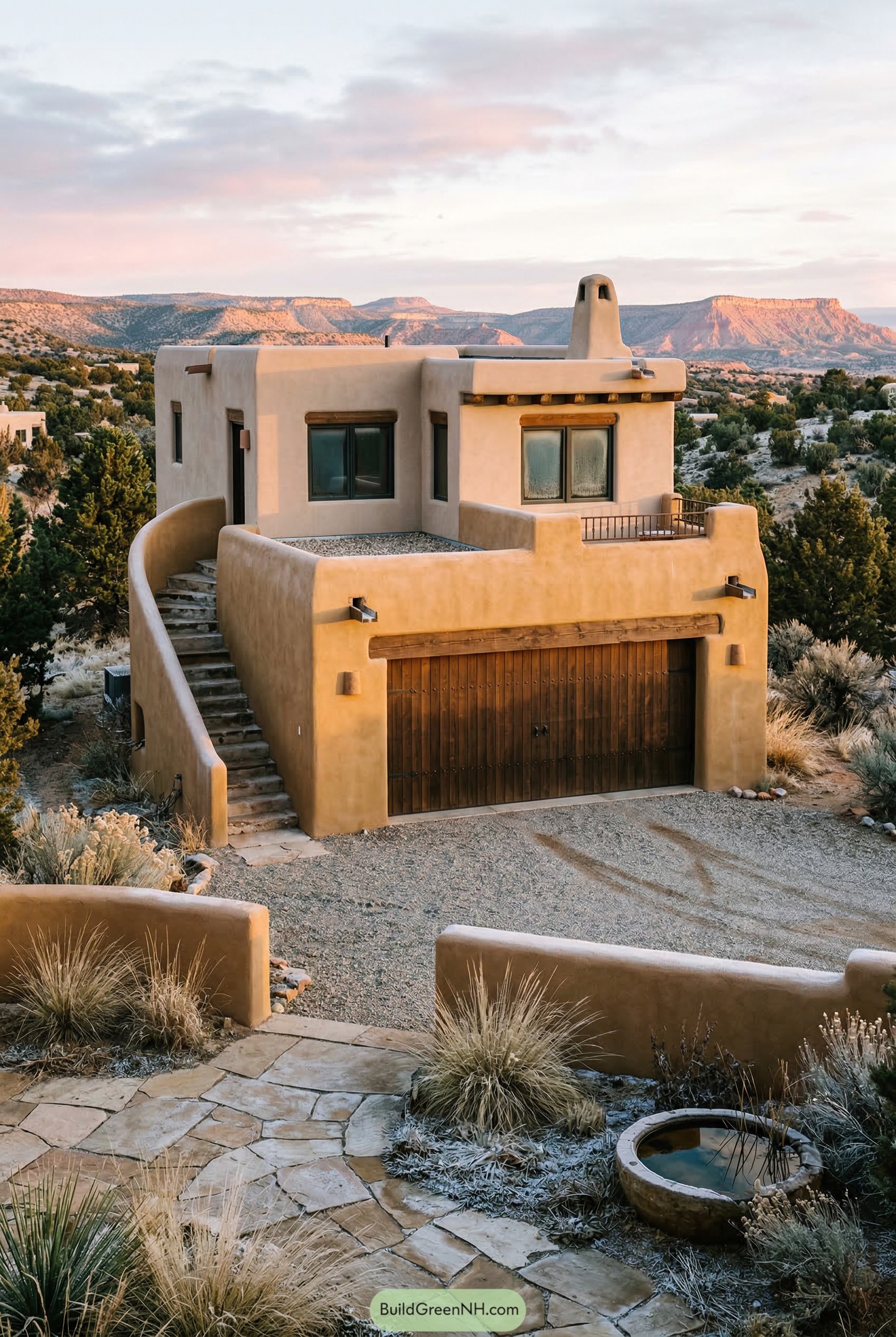 Adobe garage apartment with curved stair and terrace