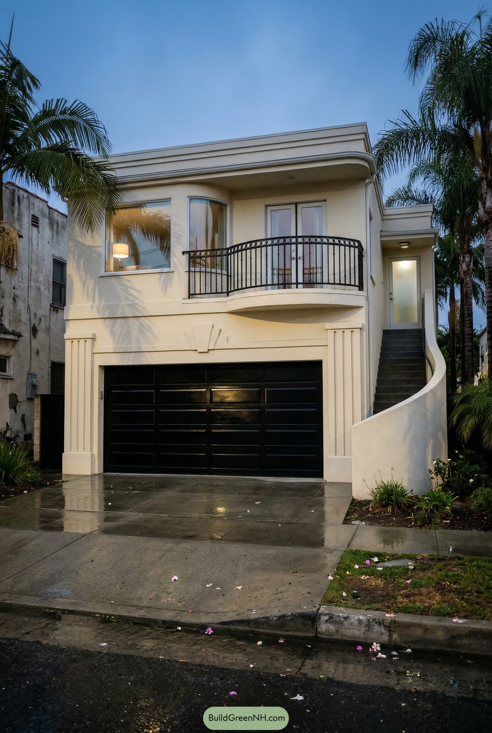 Cream stucco garage apartment with curved balcony and side stair