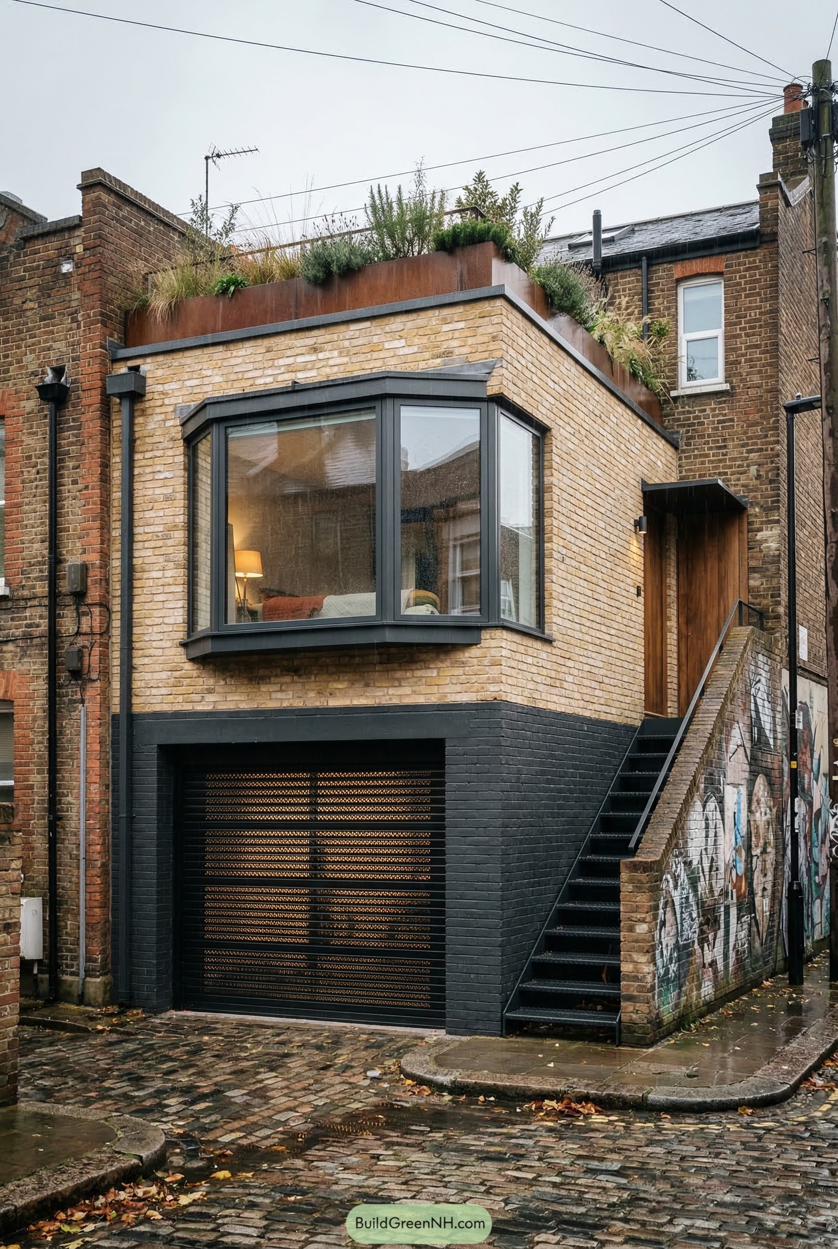 Brick garage apartment with roof garden and bay window