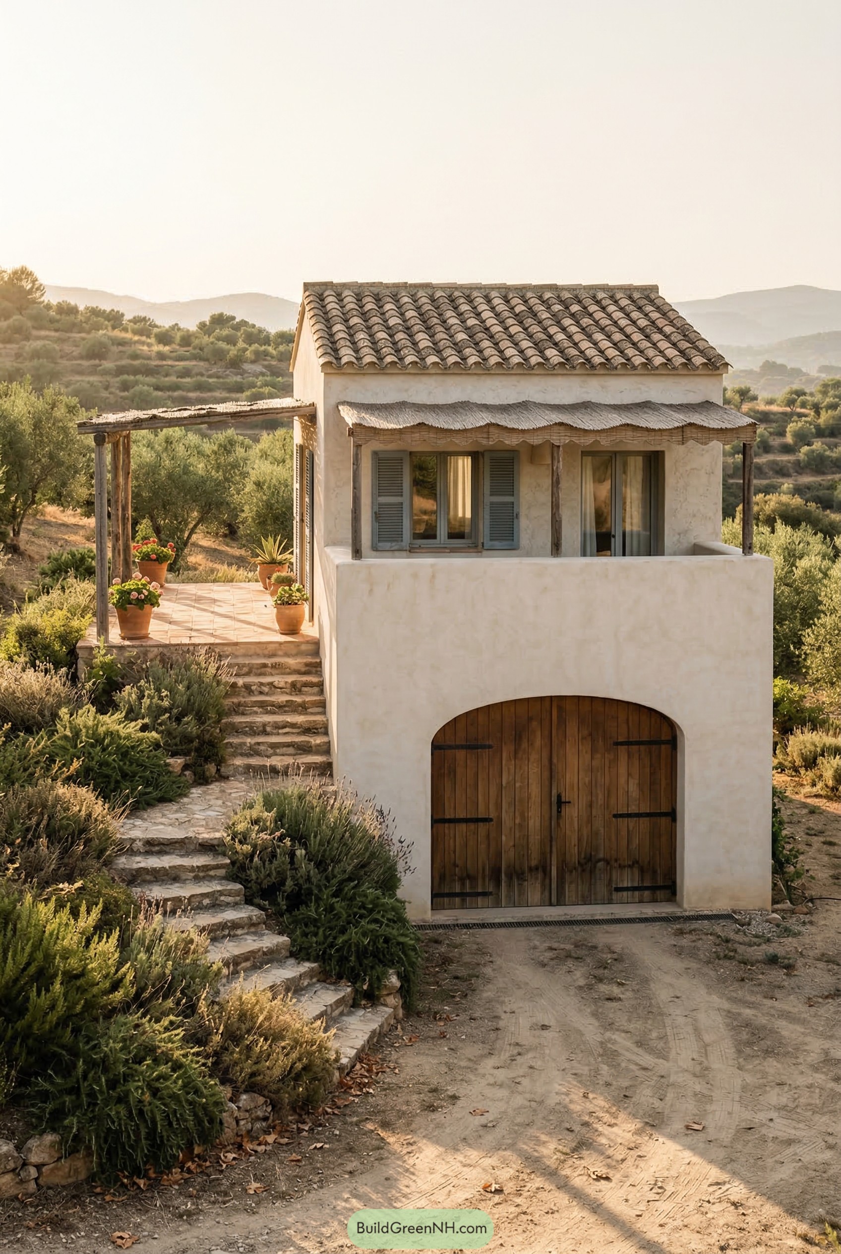 Stucco garage apartment with tiled roof