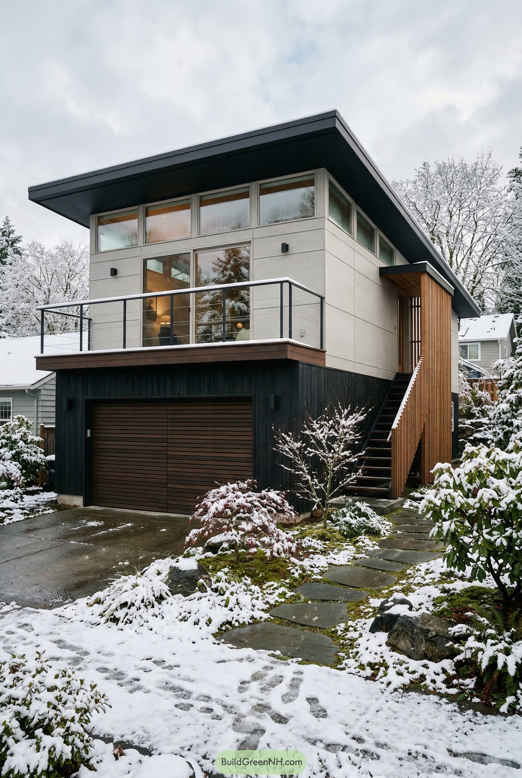 Modern garage apartment with balcony and side stair in snow