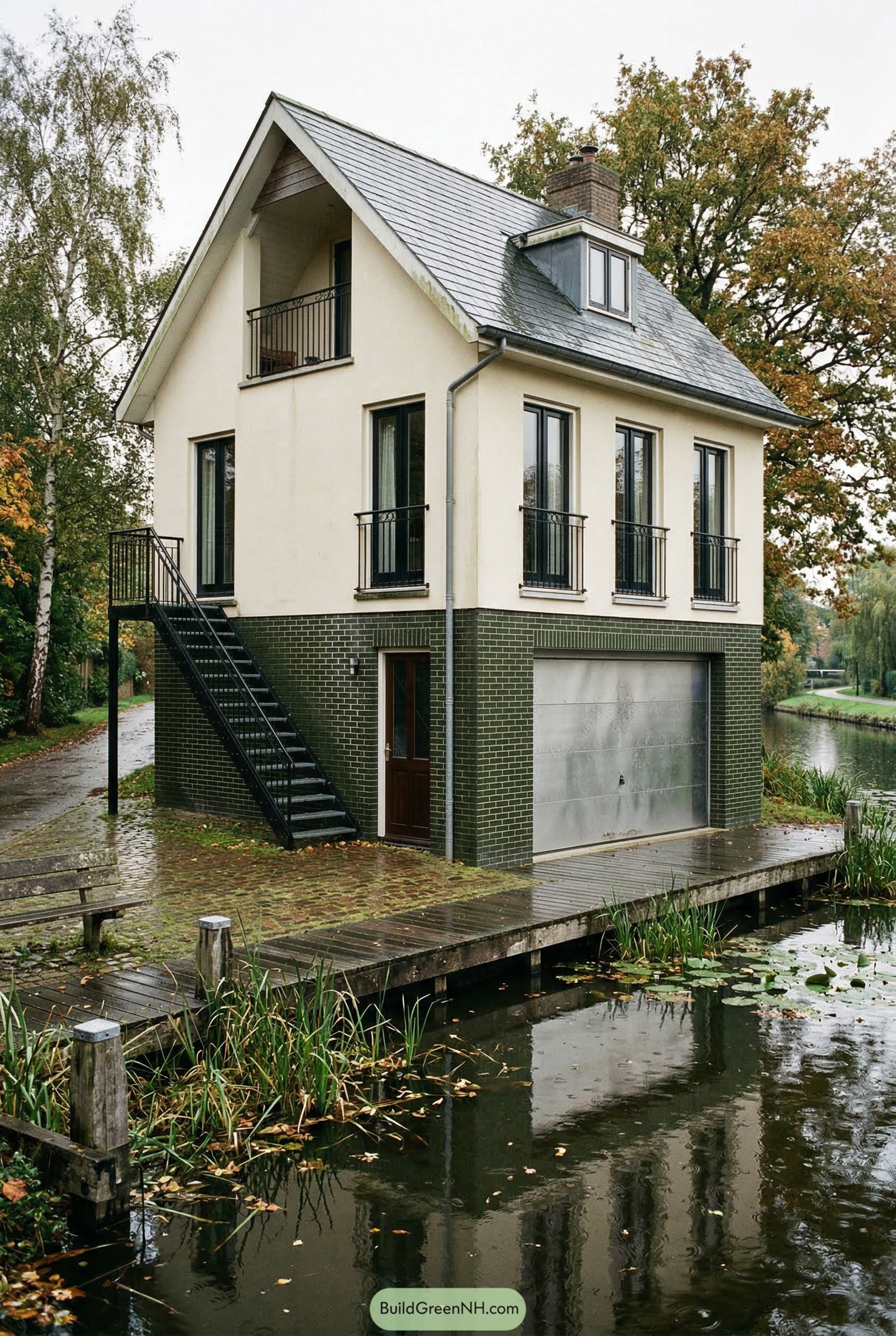 Canal side garage apartment with steep gable roof