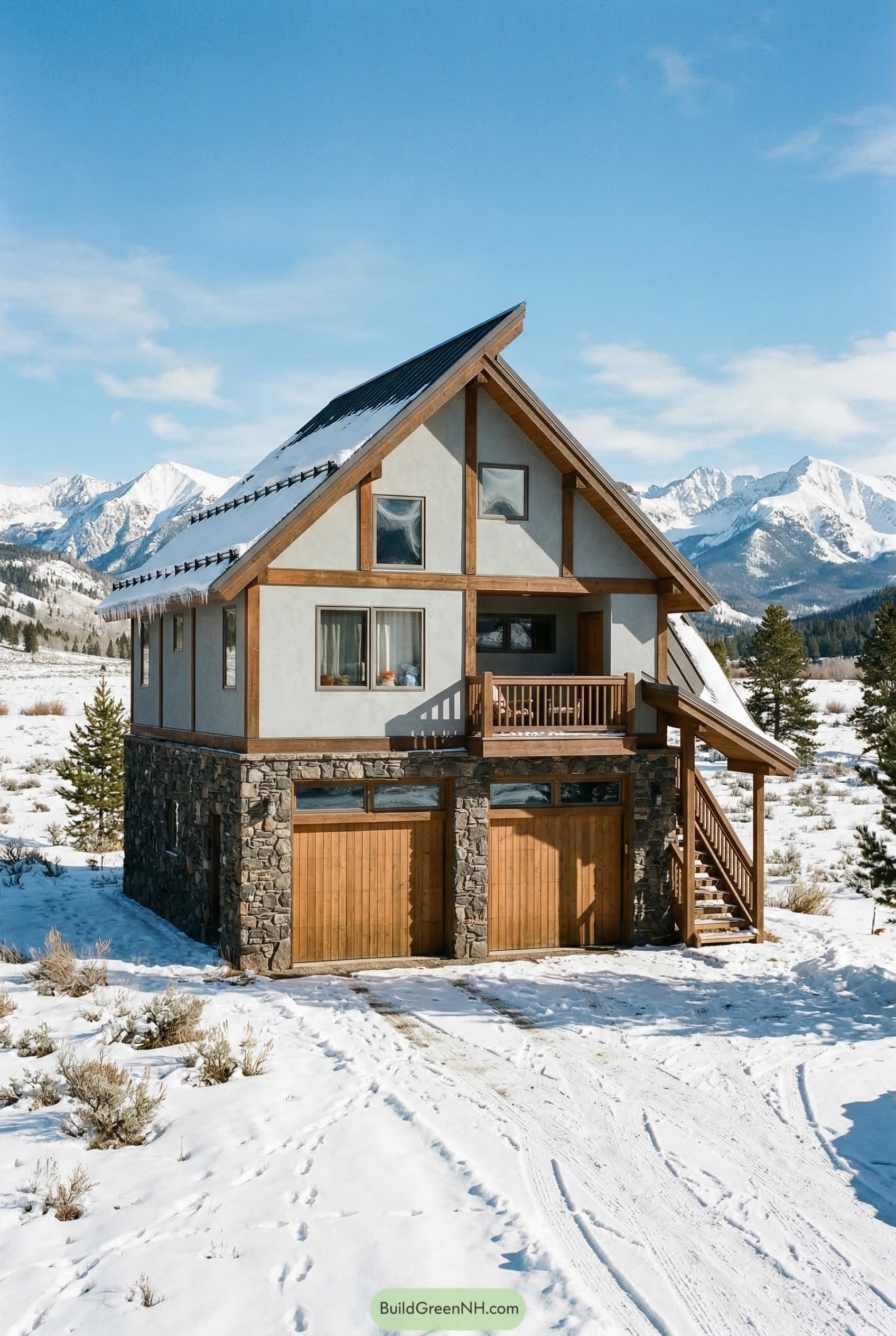 Mountain garage apartment with stone base and steep roof