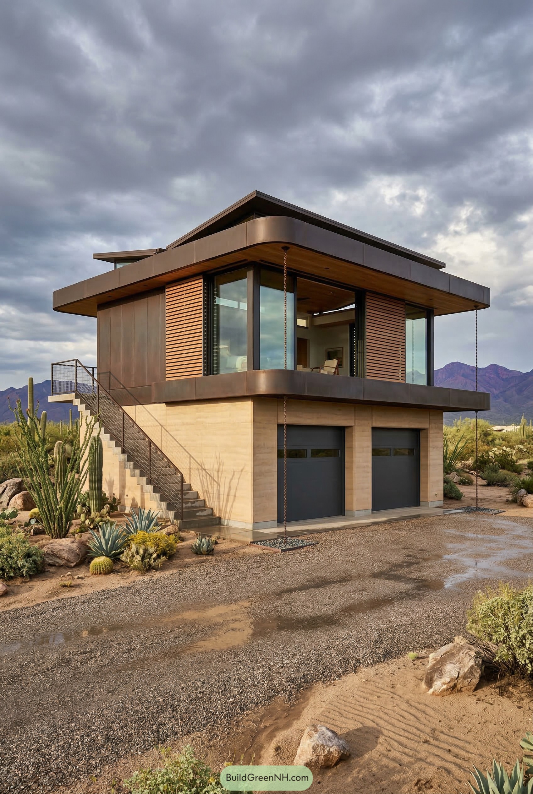 Modern two car garage with upper living space