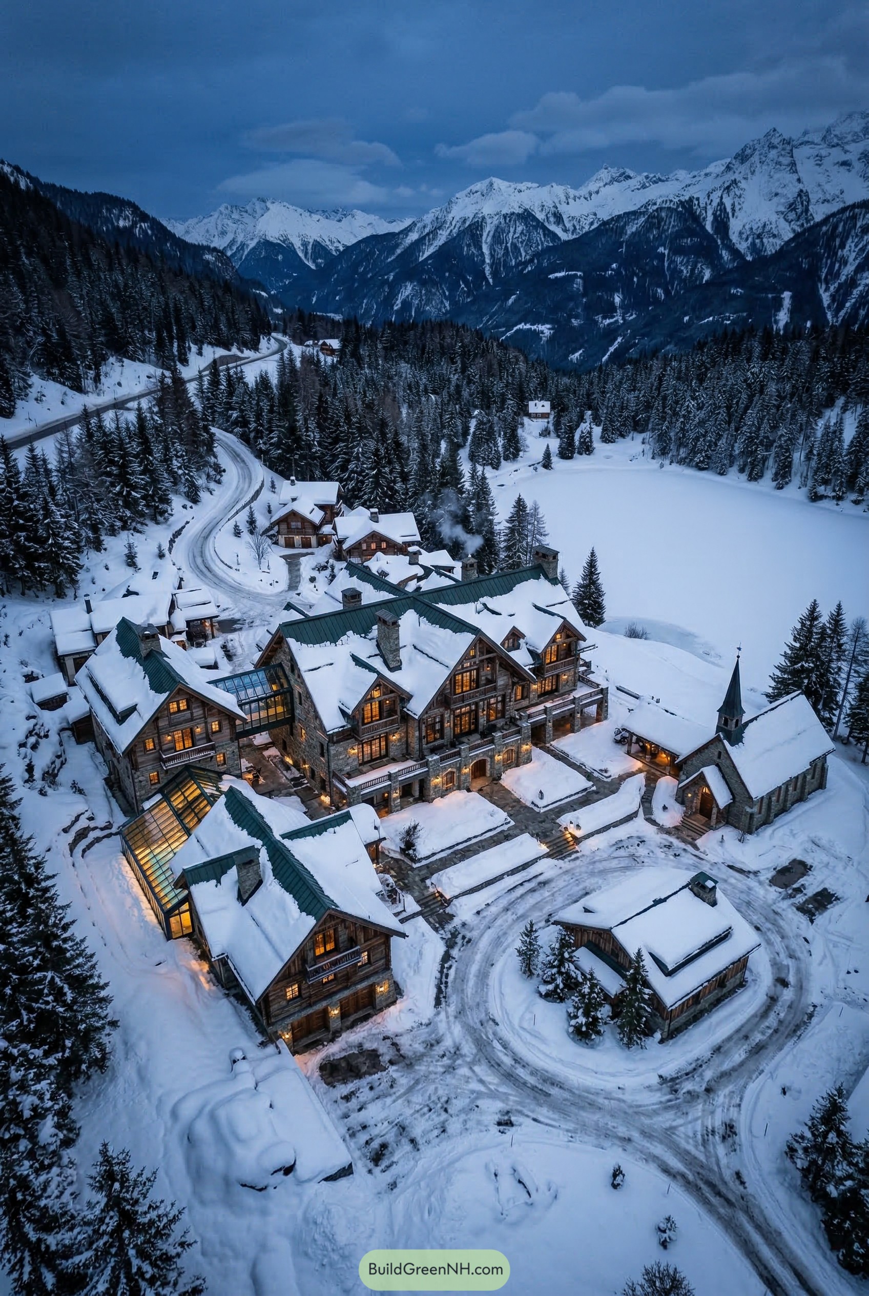 Snowy alpine lodge compound beside frozen lake